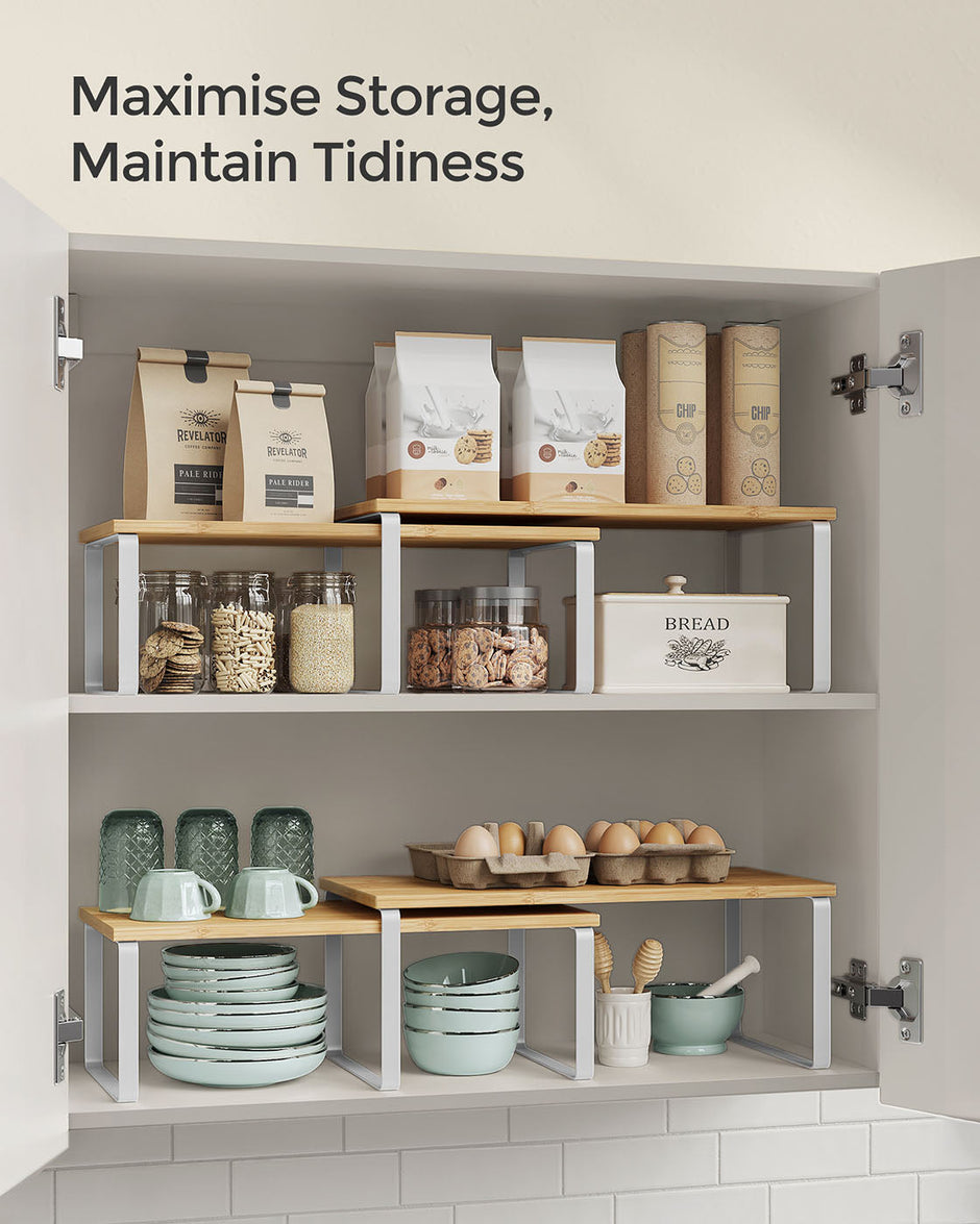 Set of 2 Cupboard Shelf Organisers – Metal and Engineered Wood – Expandable and Stackable – Kitchen Spice Holder