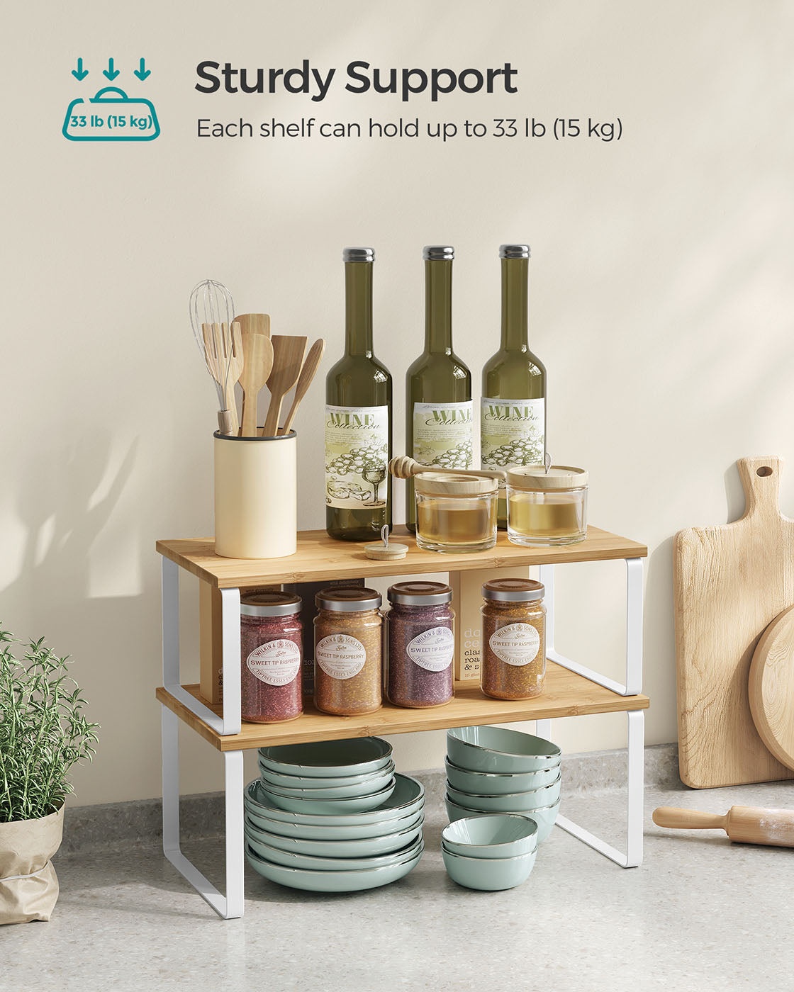 Set of 2 Cupboard Shelf Organisers – Metal and Engineered Wood – Expandable and Stackable – Kitchen Spice Holder