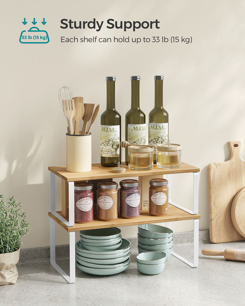 Set of 2 Cupboard Shelf Organisers – Metal and Engineered Wood – Expandable and Stackable – Kitchen Spice Holder