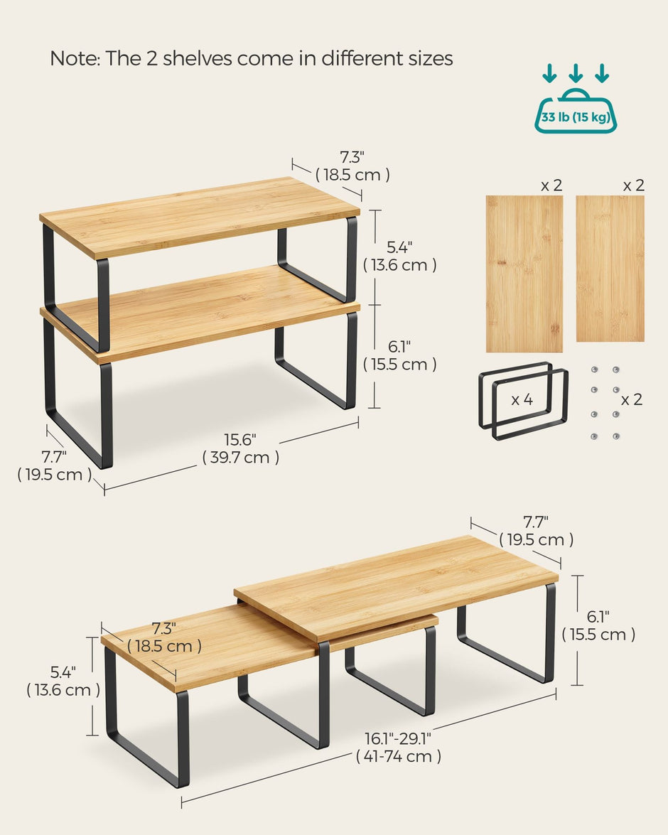 Set of 2 Cupboard Shelf Organisers – Metal and Engineered Wood – Expandable and Stackable – Kitchen Spice Holder