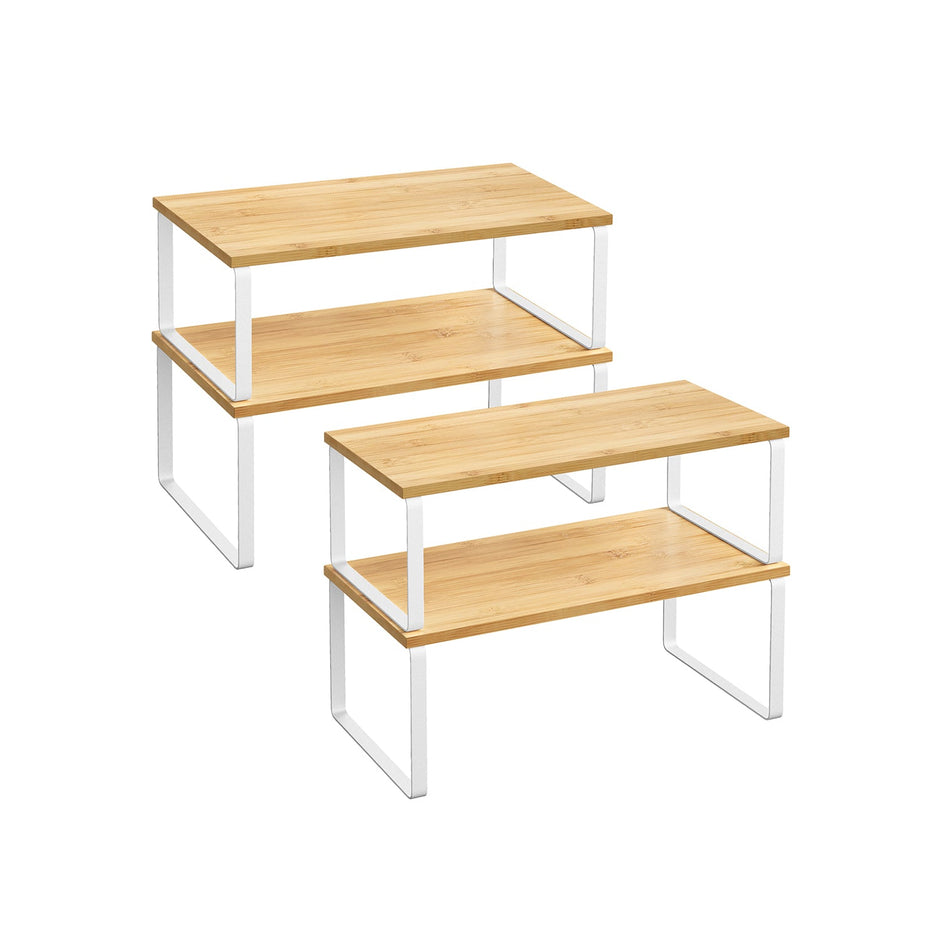 Set of 2 Cupboard Shelf Organisers – Metal and Engineered Wood – Expandable and Stackable – Kitchen Spice Holder