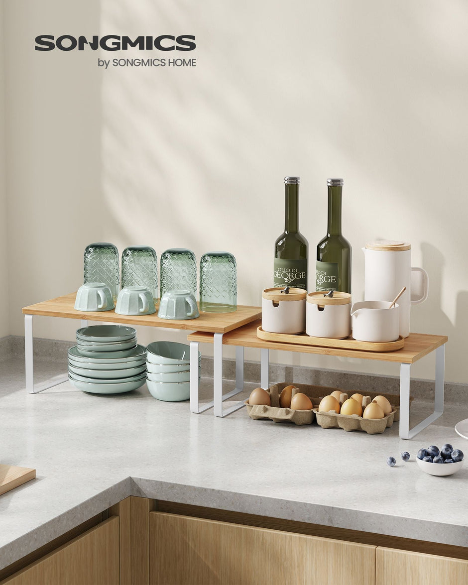 Set of 2 Cupboard Shelf Organisers – Metal and Engineered Wood – Expandable and Stackable – Kitchen Spice Holder