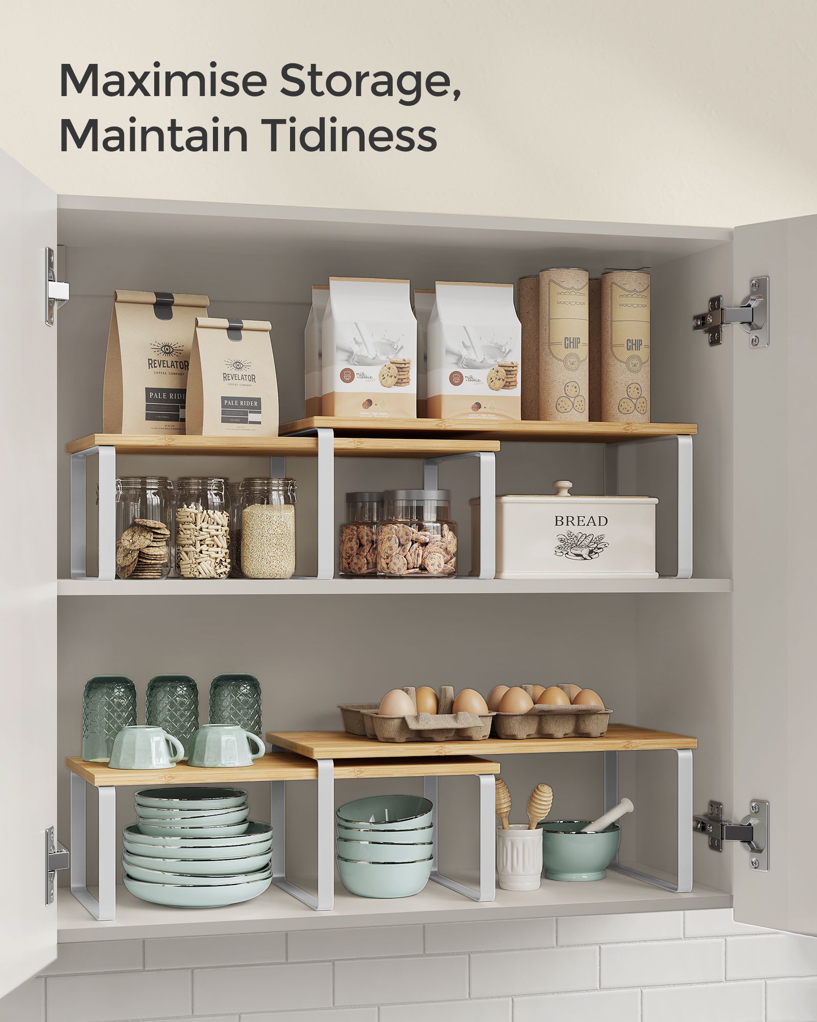Set of 2 Cupboard Shelf Organisers – Metal and Engineered Wood – Expandable and Stackable – Kitchen Spice Holder