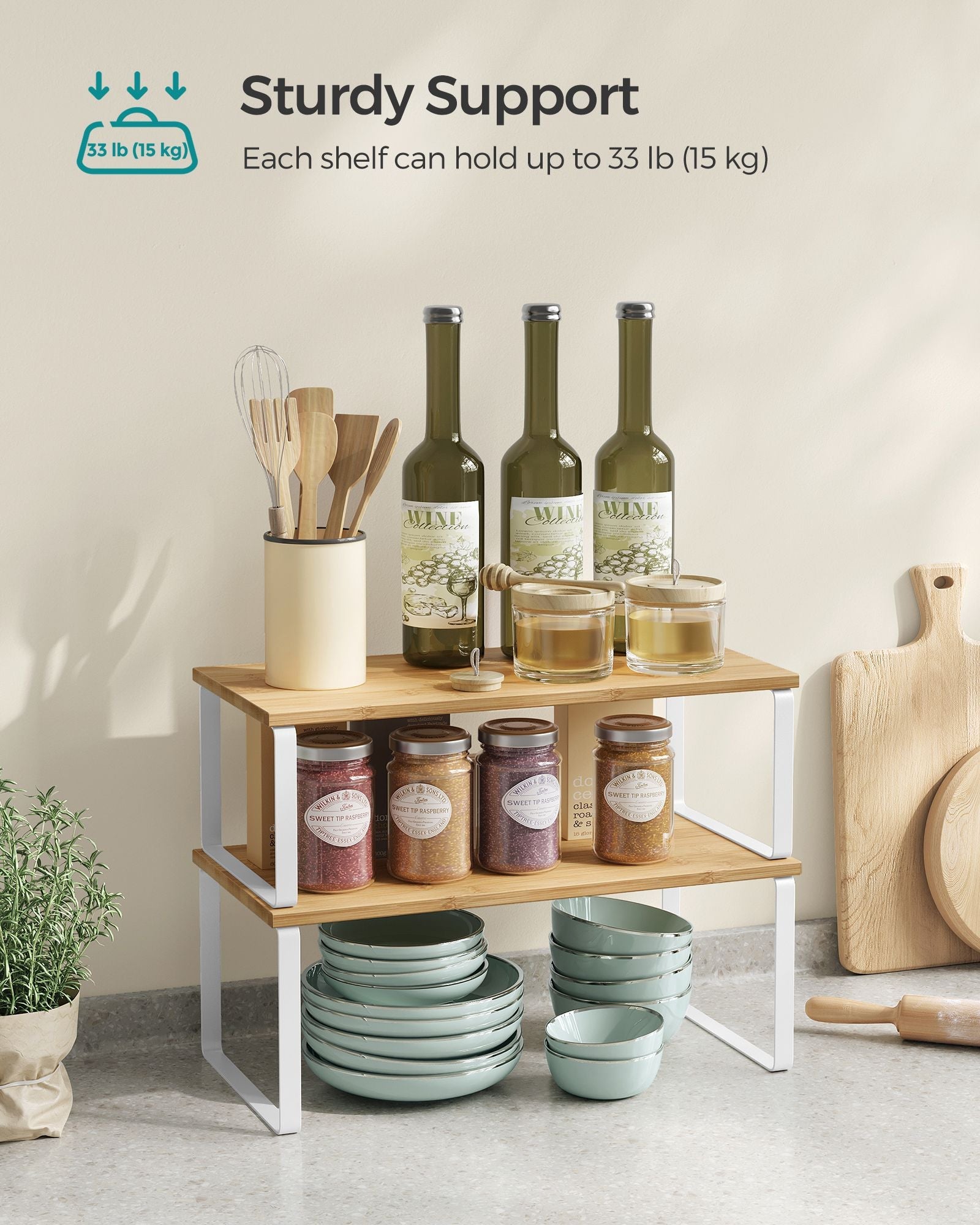 Set of 2 Cupboard Shelf Organisers – Metal and Engineered Wood – Expandable and Stackable – Kitchen Spice Holder