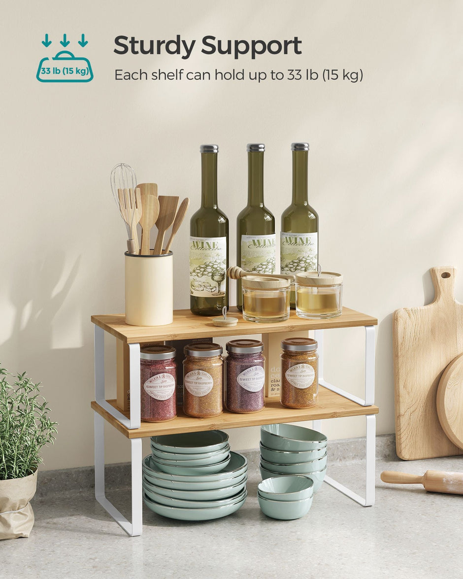 Set of 2 Cupboard Shelf Organisers – Metal and Engineered Wood – Expandable and Stackable – Kitchen Spice Holder