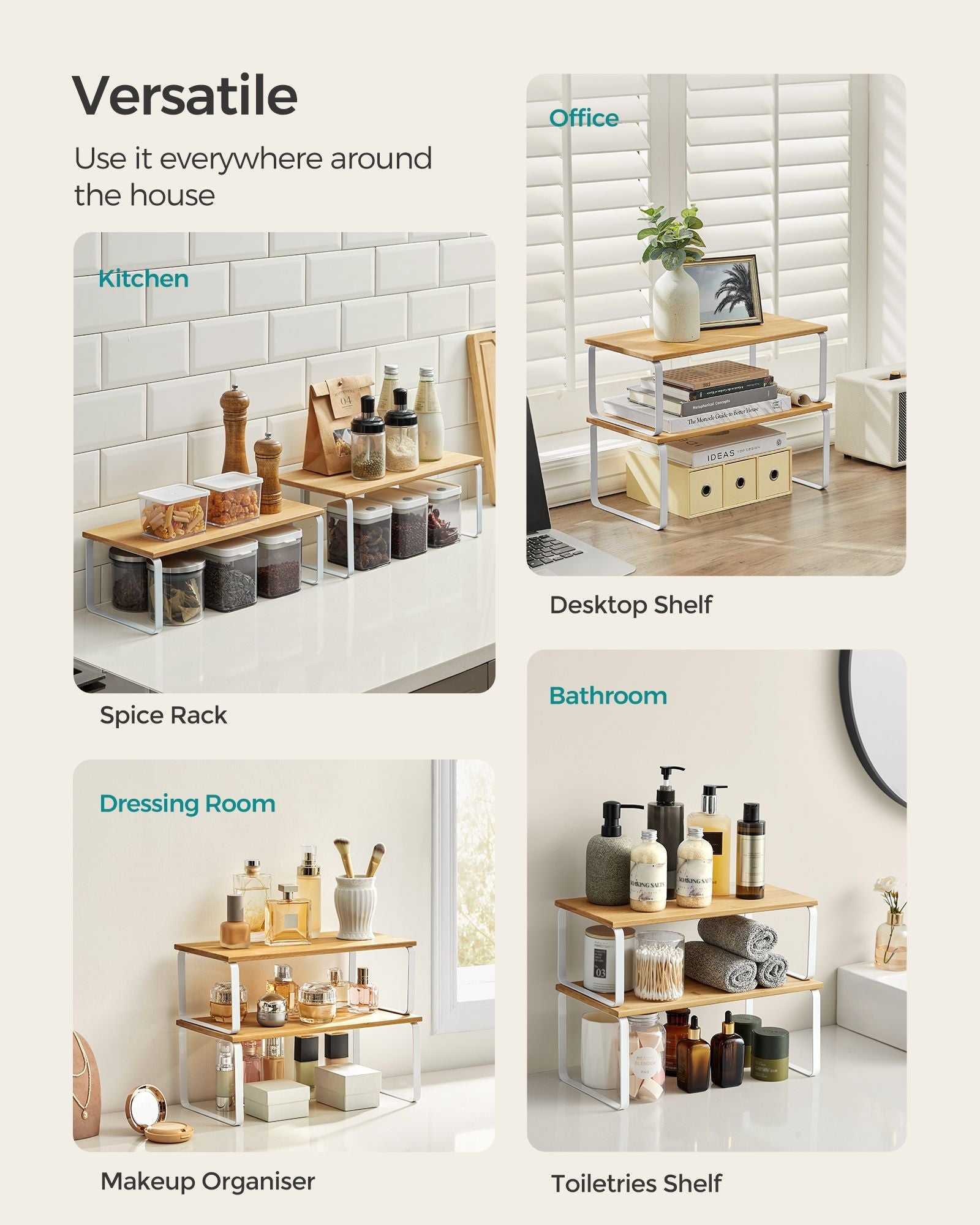 Set of 2 Cupboard Shelf Organisers – Metal and Engineered Wood – Expandable and Stackable – Kitchen Spice Holder