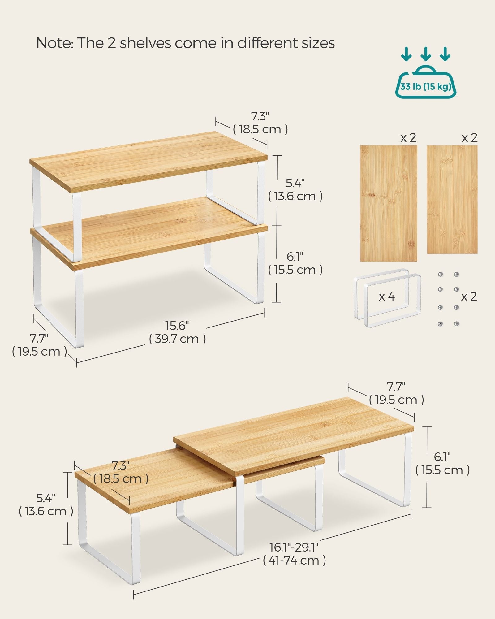Set of 2 Cupboard Shelf Organisers – Metal and Engineered Wood – Expandable and Stackable – Kitchen Spice Holder
