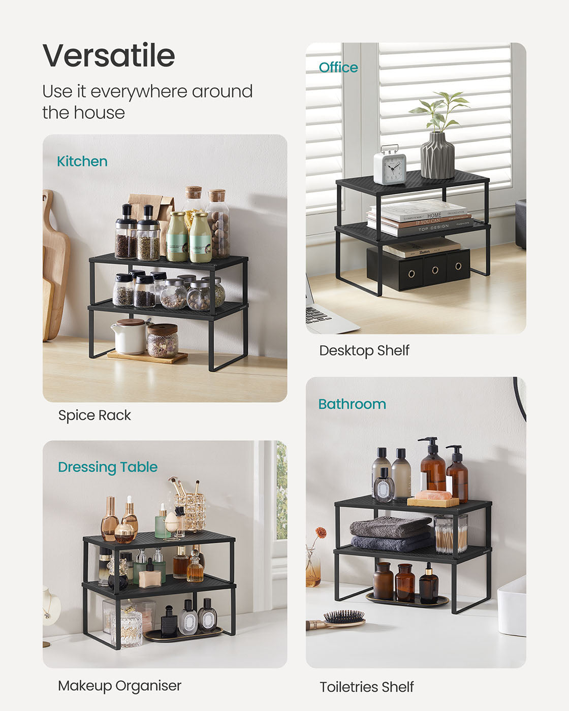Spice Racks Set of 2 – Metal – Ink Black – Stackable and Expandable Kitchen Organisers