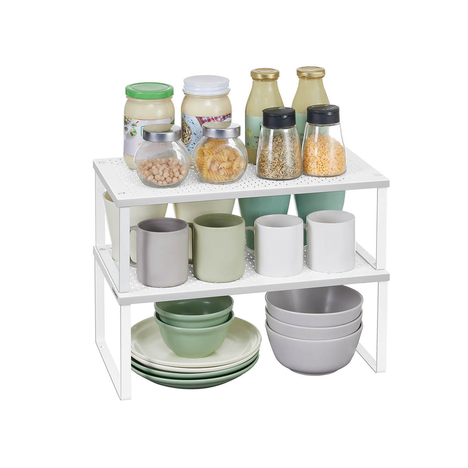 Spice Racks – Metal – White – Set of 2, Stackable and Expandable Cupboard Organisers