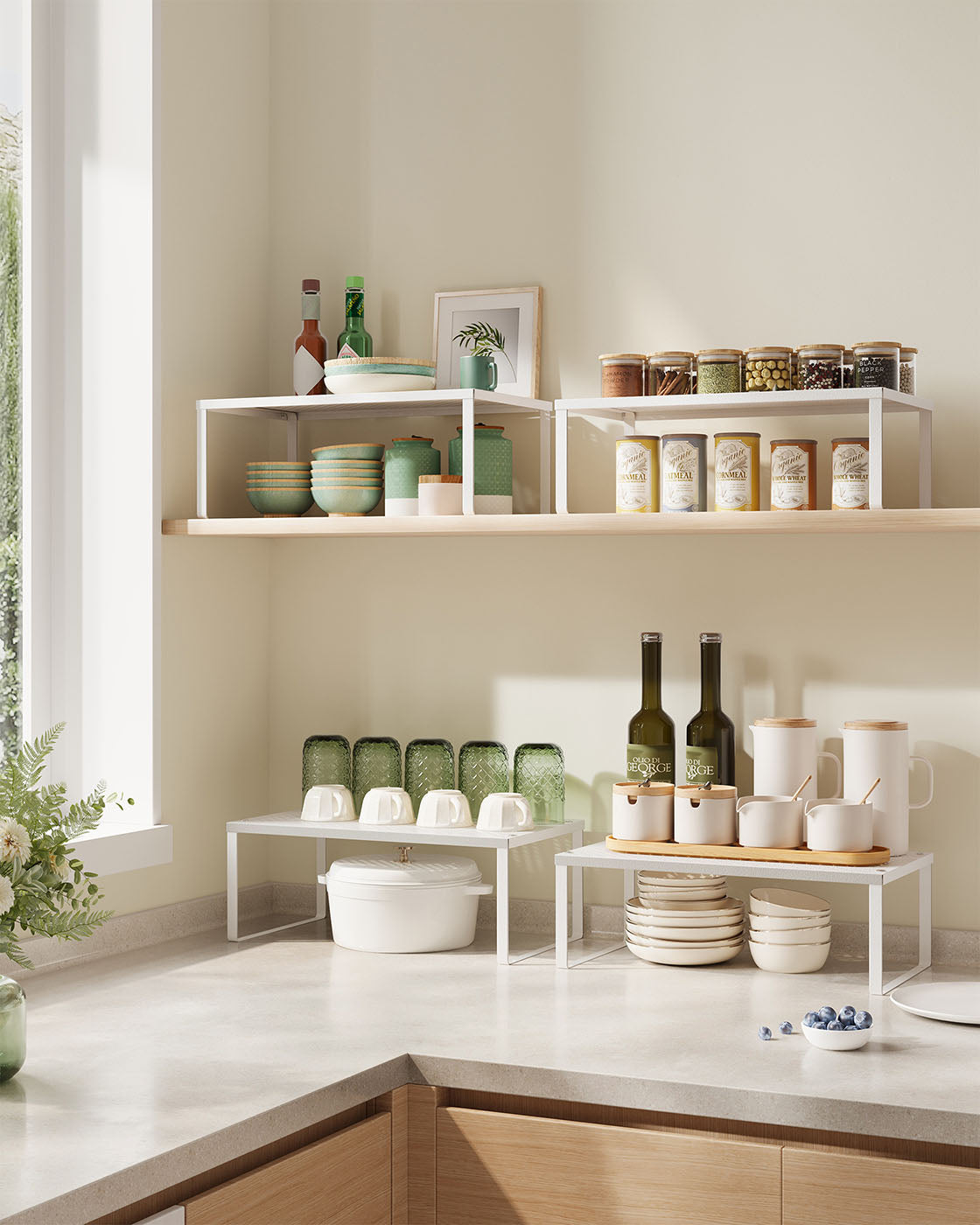 Spice Racks – Metal – White – Set of 2, Stackable and Expandable Cupboard Organisers