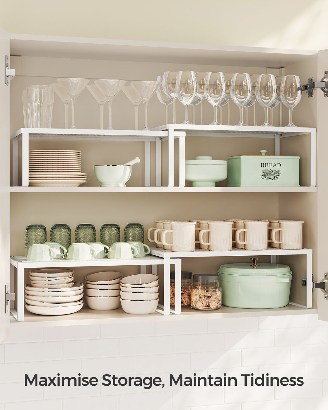 Spice Racks – Metal – White – Set of 2, Stackable and Expandable Cupboard Organisers