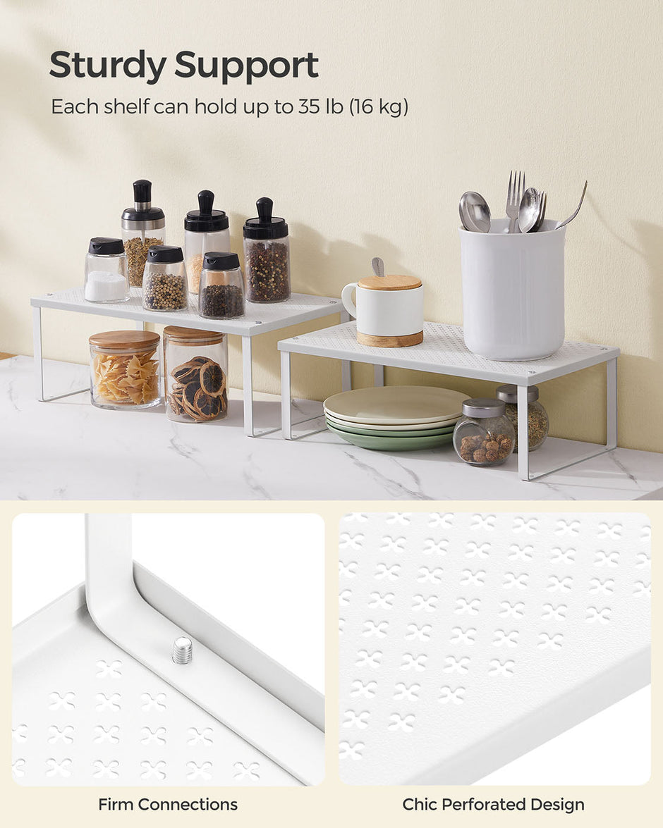 Spice Racks – Metal – White – Set of 2, Stackable and Expandable Cupboard Organisers