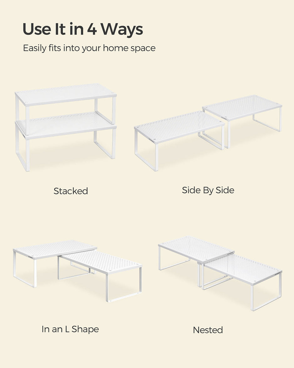 Spice Racks – Metal – White – Set of 2, Stackable and Expandable Cupboard Organisers