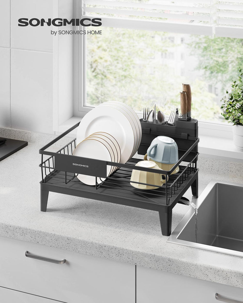 Dish Drying Rack – Metal – Ink Black – 360° Rotatable with Extendable Spout