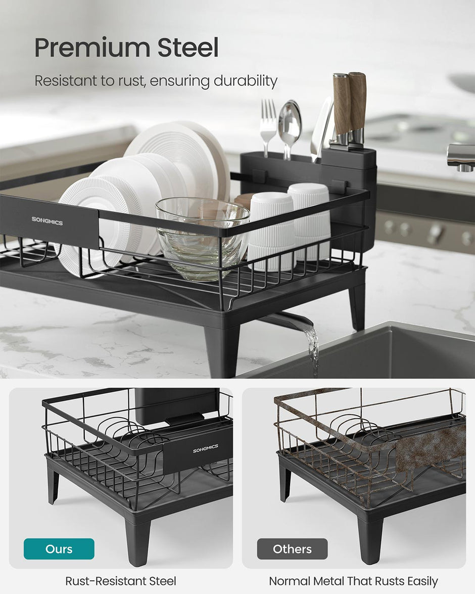 Dish Drying Rack – Metal – Ink Black – 360° Rotatable with Extendable Spout