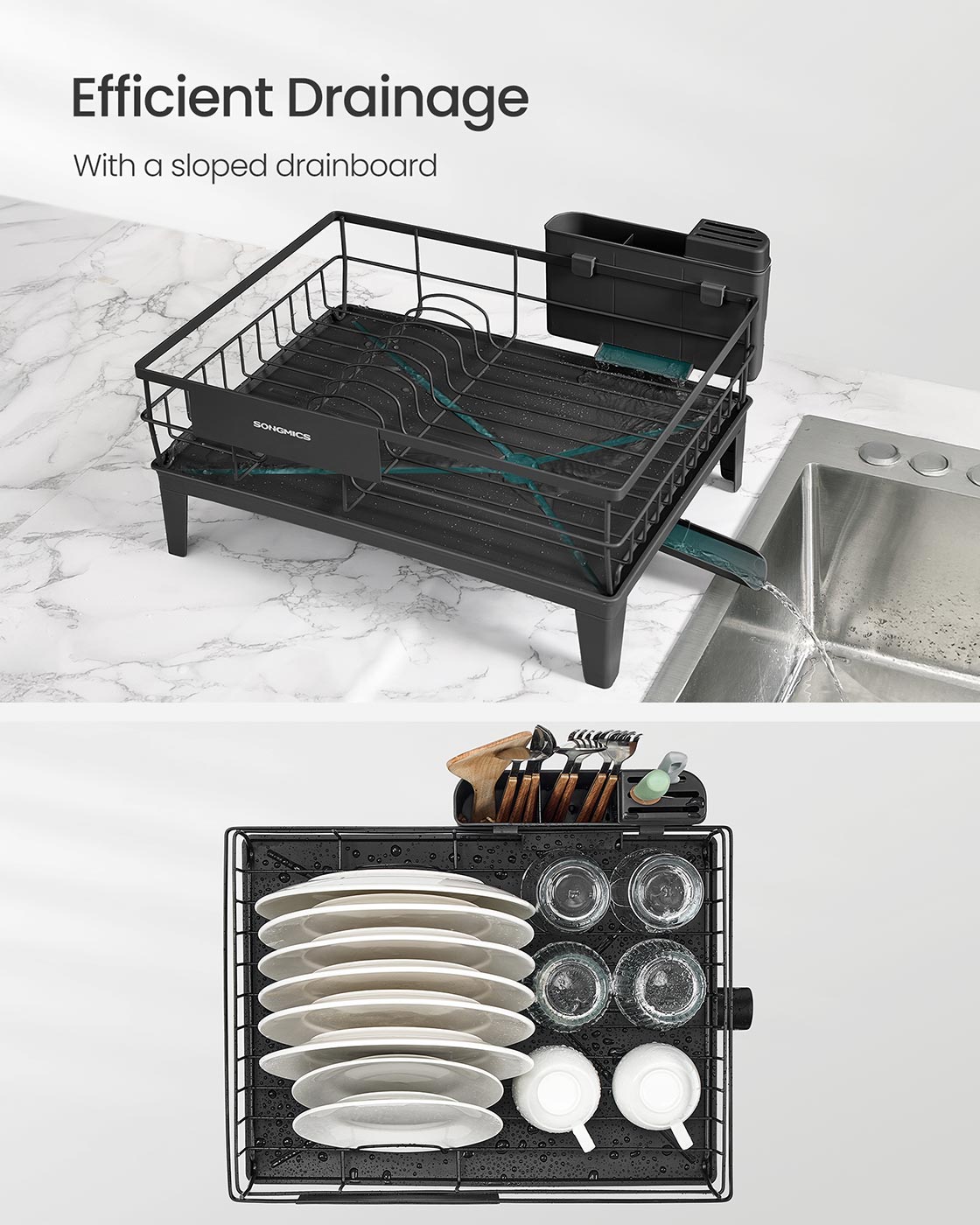 Dish Drying Rack – Metal – Ink Black – 360° Rotatable with Extendable Spout