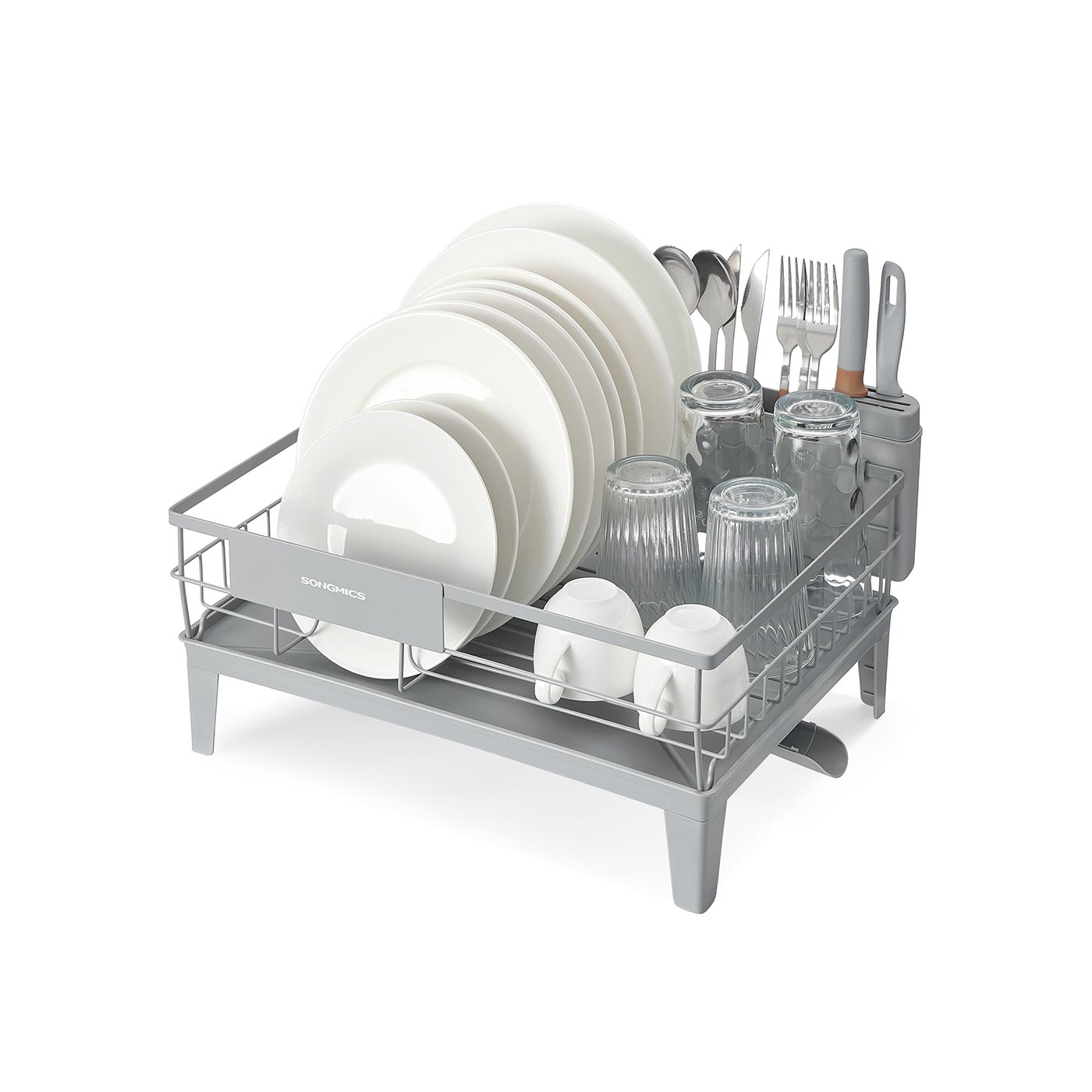 Dish Drying Rack – Metal – Dove Grey – 360° Rotatable with Extendable Spout