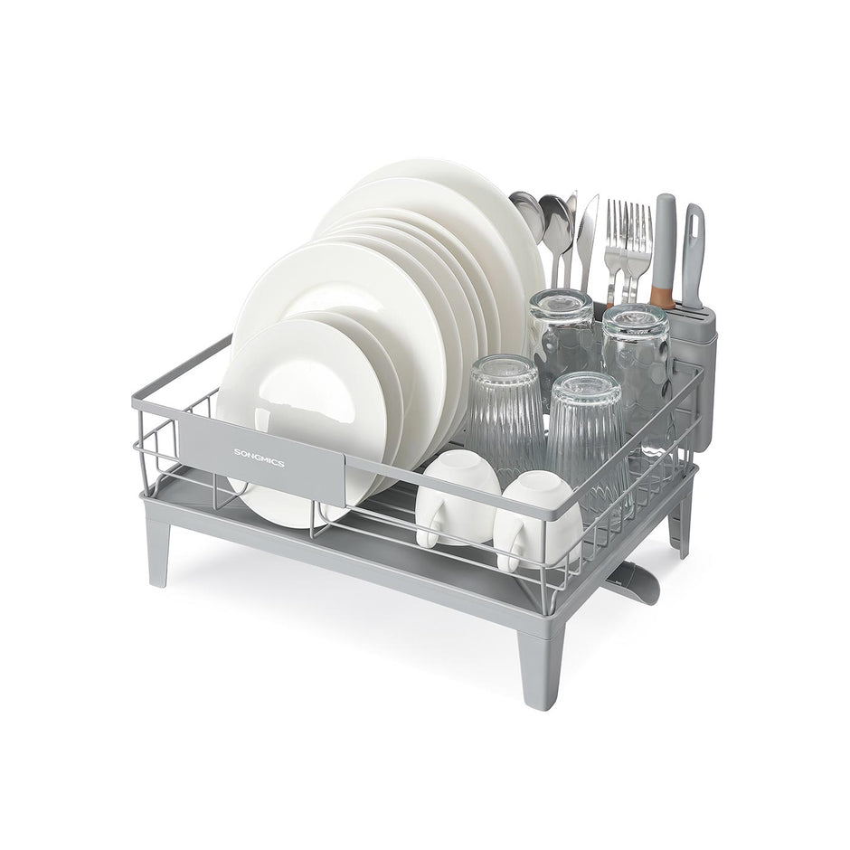 Dish Drying Rack – Metal – Dove Grey – 360° Rotatable with Extendable Spout