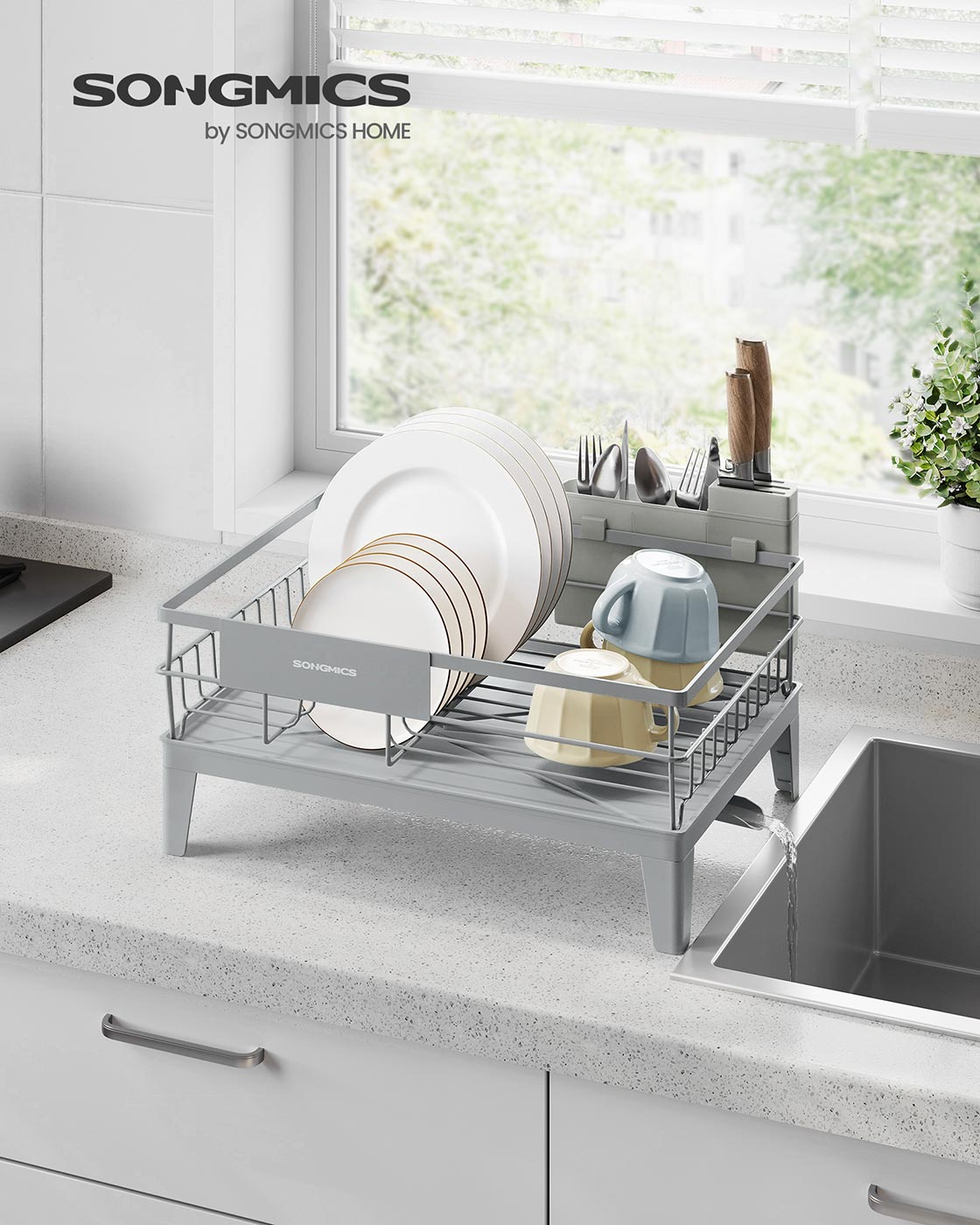 Dish Drying Rack – Metal – Dove Grey – 360° Rotatable with Extendable Spout