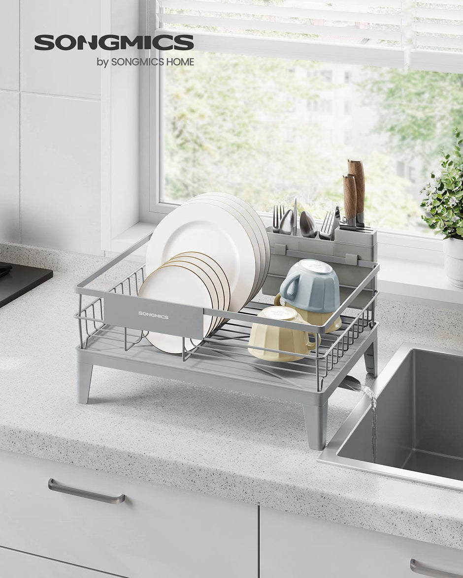 Dish Drying Rack – Metal – Dove Grey – 360° Rotatable with Extendable Spout