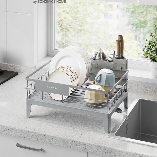 Dish Drying Rack – Metal – Dove Grey – 360° Rotatable with Extendable Spout
