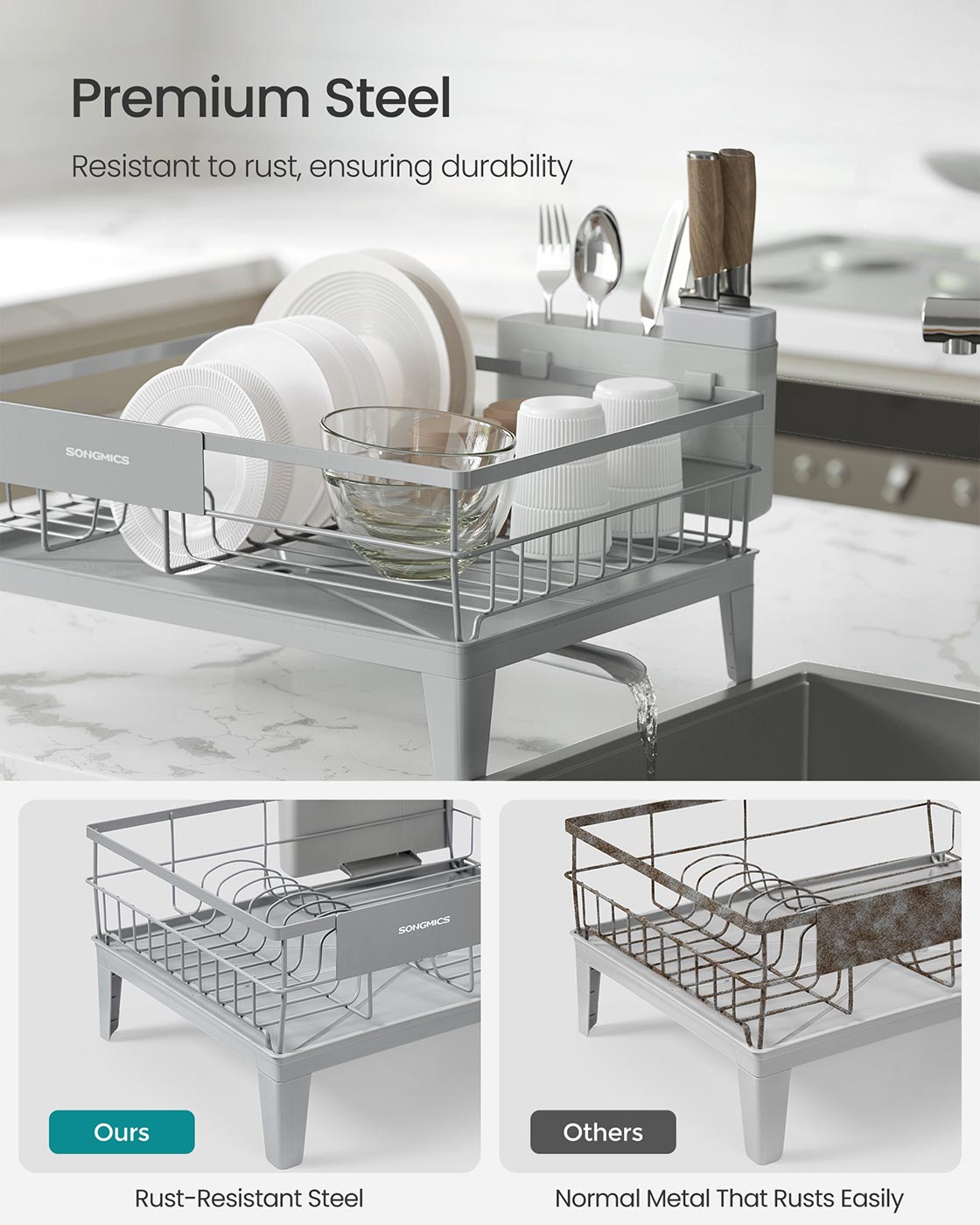 Dish Drying Rack – Metal – Dove Grey – 360° Rotatable with Extendable Spout