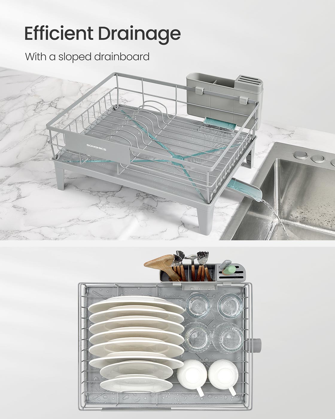 Dish Drying Rack – Metal – Dove Grey – 360° Rotatable with Extendable Spout