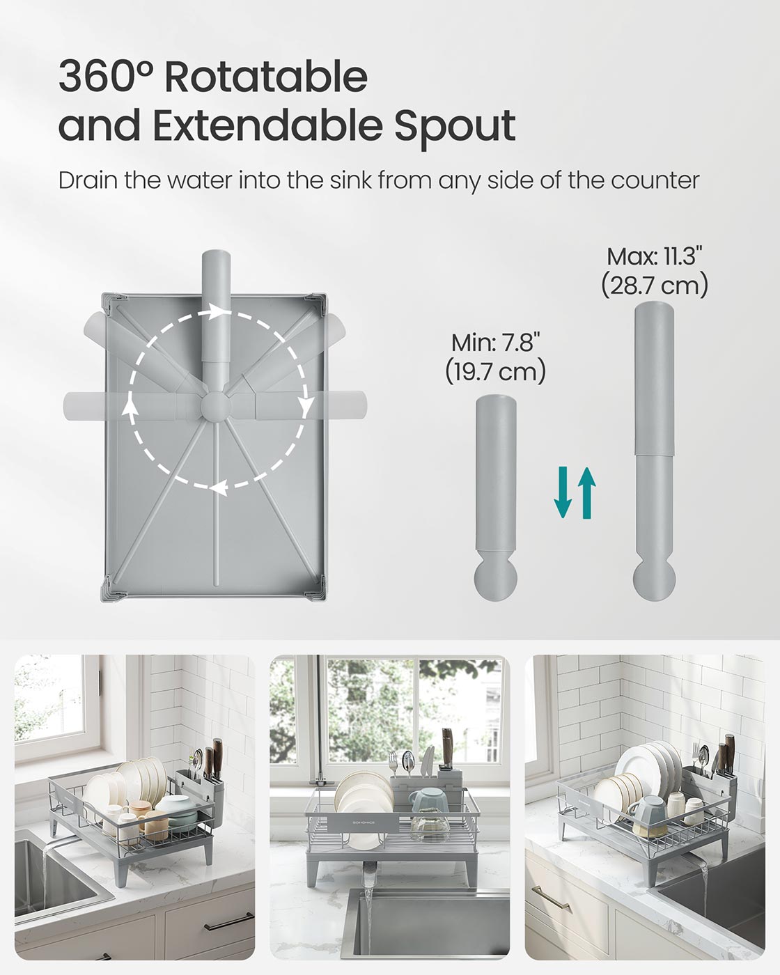 Dish Drying Rack – Metal – Dove Grey – 360° Rotatable with Extendable Spout