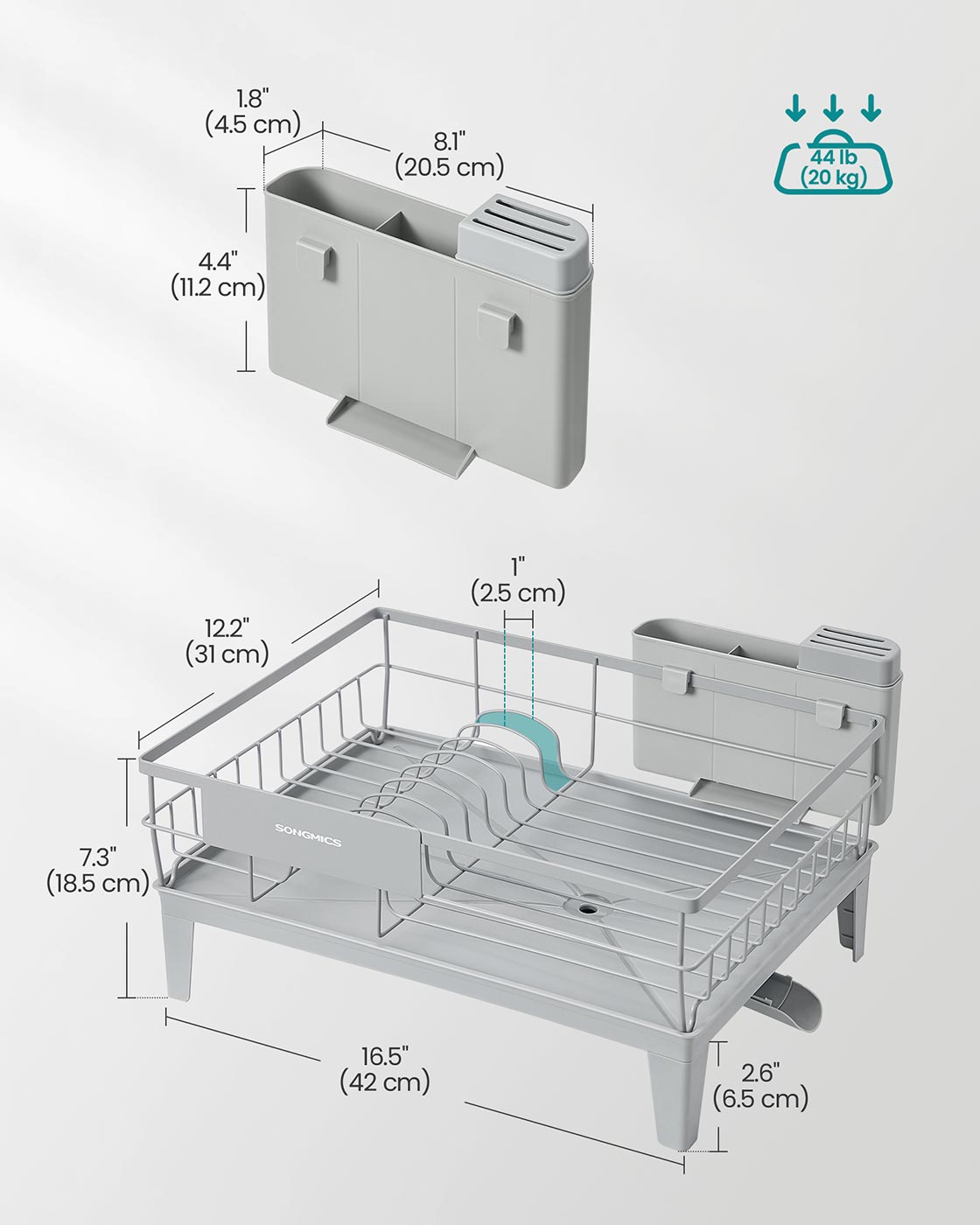 Dish Drying Rack – Metal – Dove Grey – 360° Rotatable with Extendable Spout