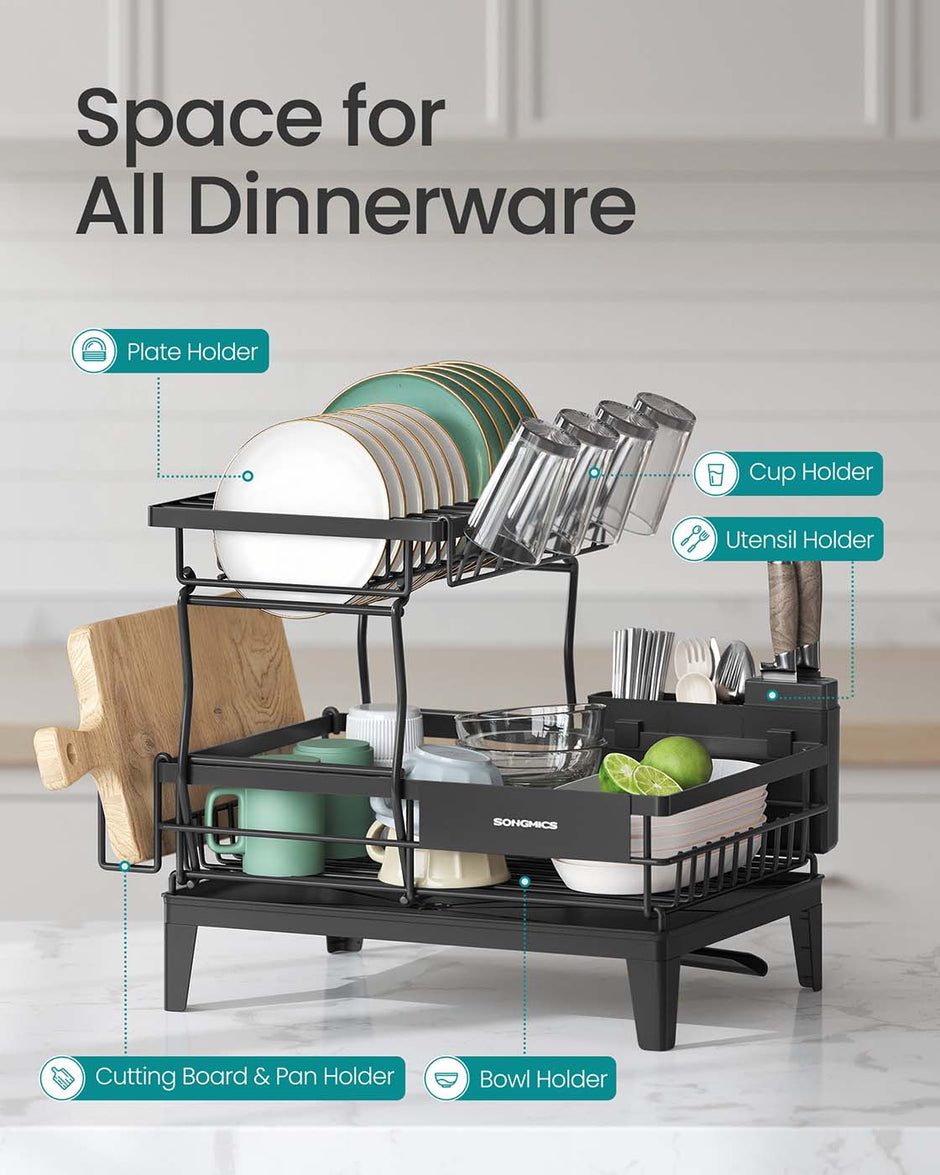 Dish Drying Rack – Metal – Ink Black – 360° Rotatable with Extendable Spout