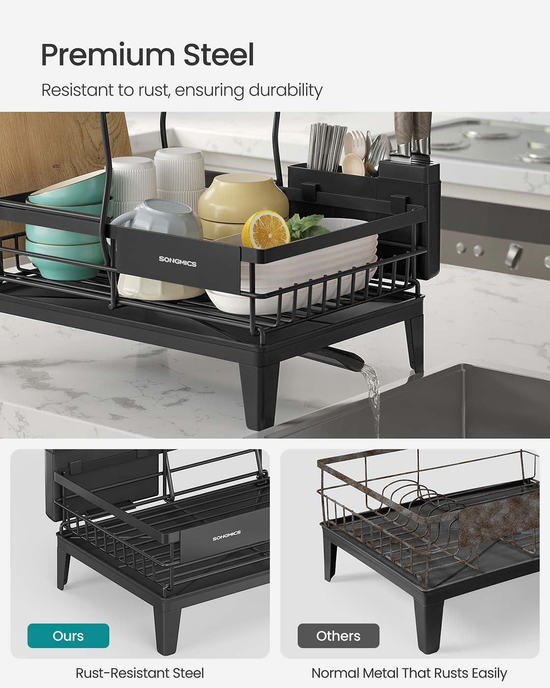 Dish Drying Rack – Metal – Ink Black – 360° Rotatable with Extendable Spout