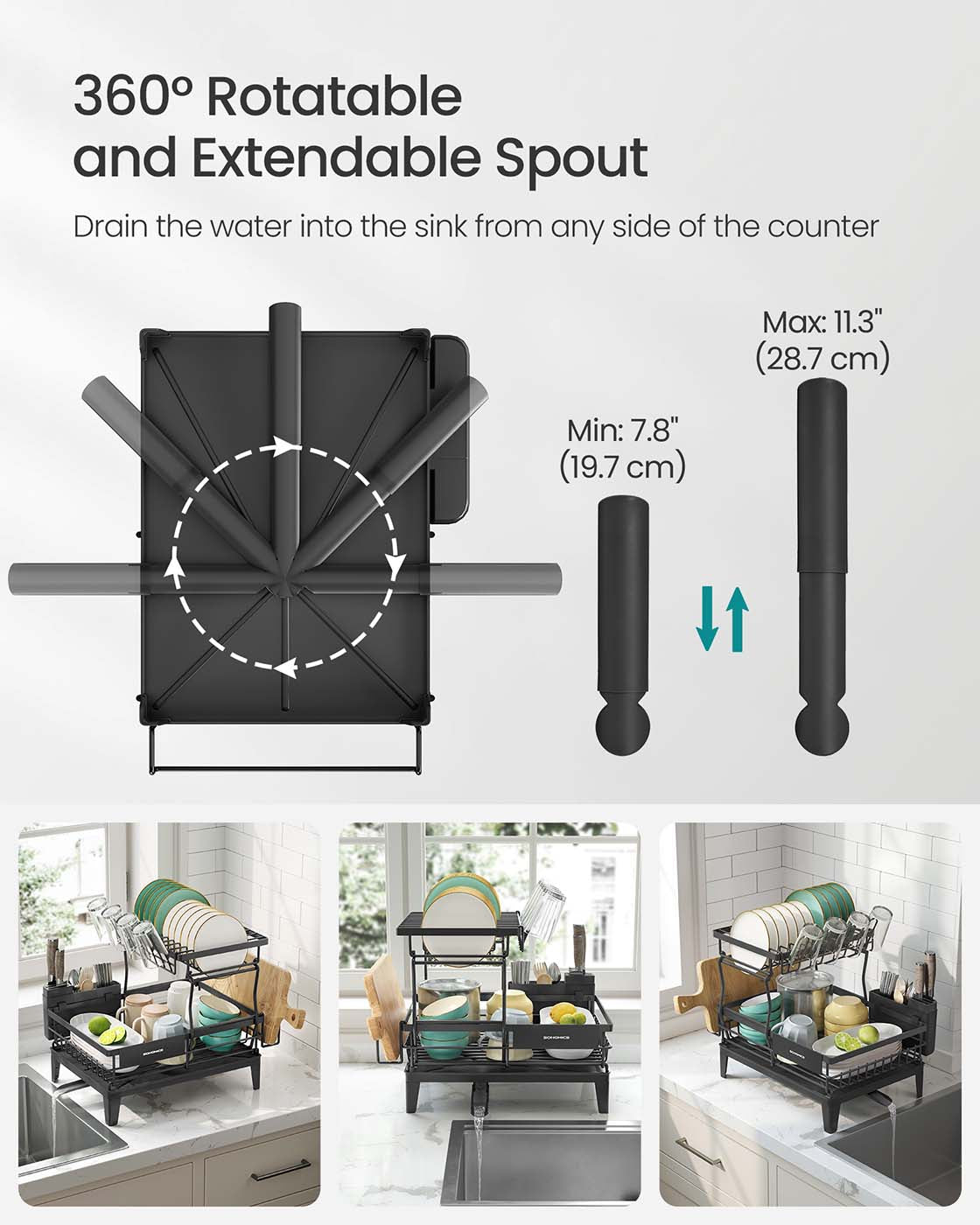 Dish Drying Rack – Metal – Ink Black – 360° Rotatable with Extendable Spout