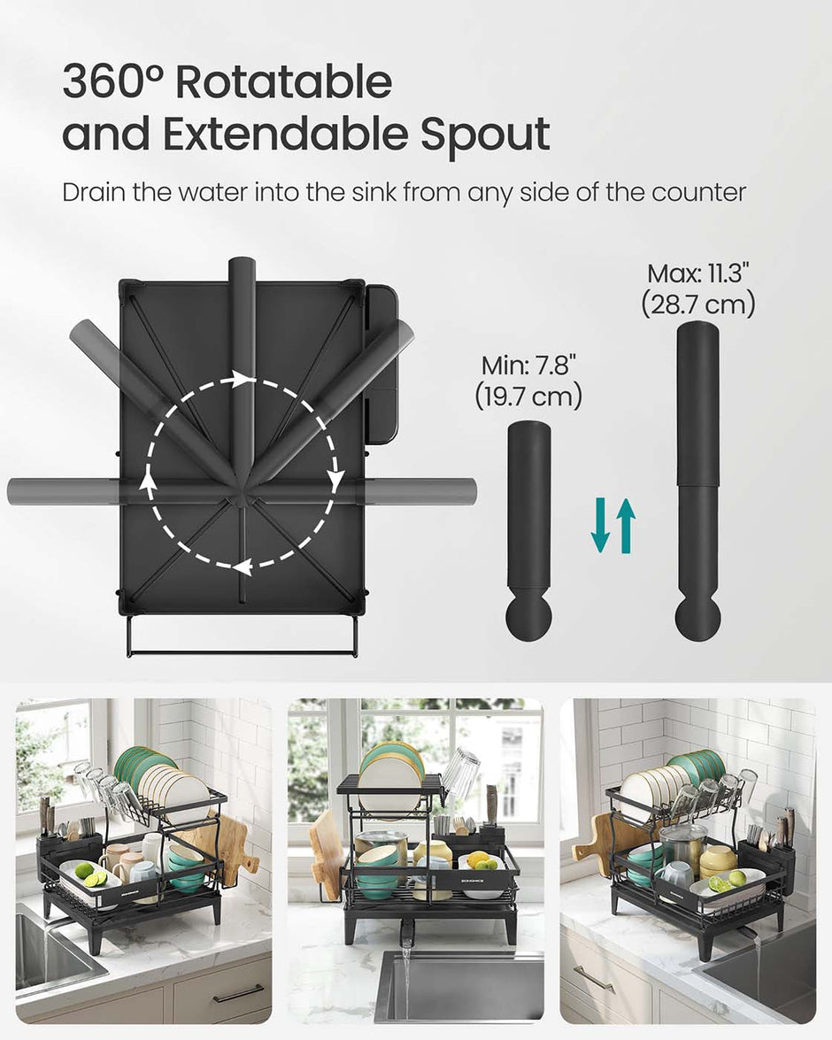 Dish Drying Rack – Metal – Ink Black – 360° Rotatable with Extendable Spout