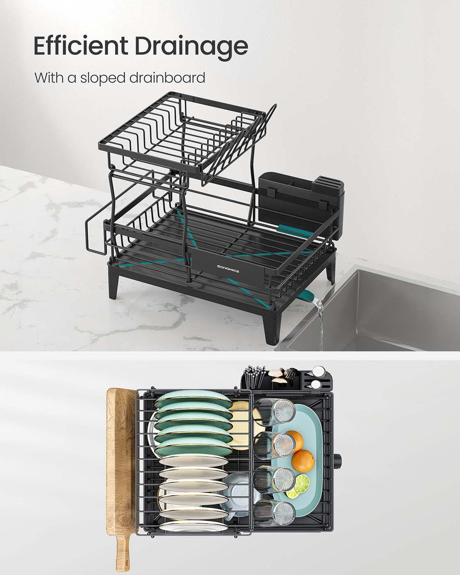 Dish Drying Rack – Metal – Ink Black – 360° Rotatable with Extendable Spout
