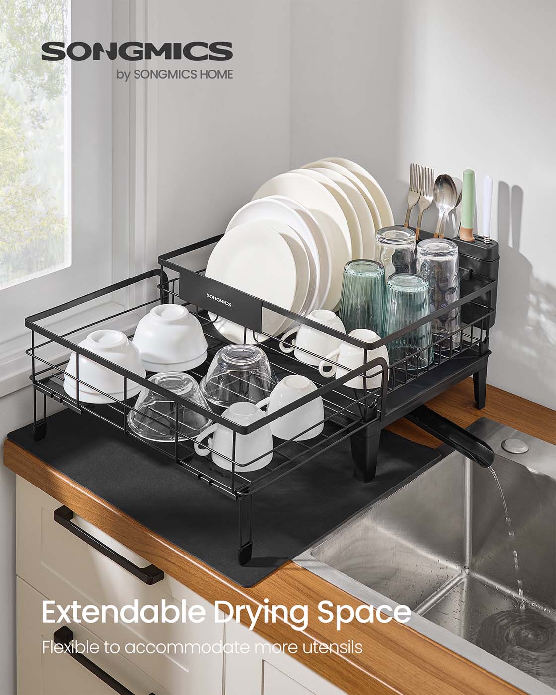 Dish Drying Rack – Steel – Ink Black – Expandable Design with Silicone Mat