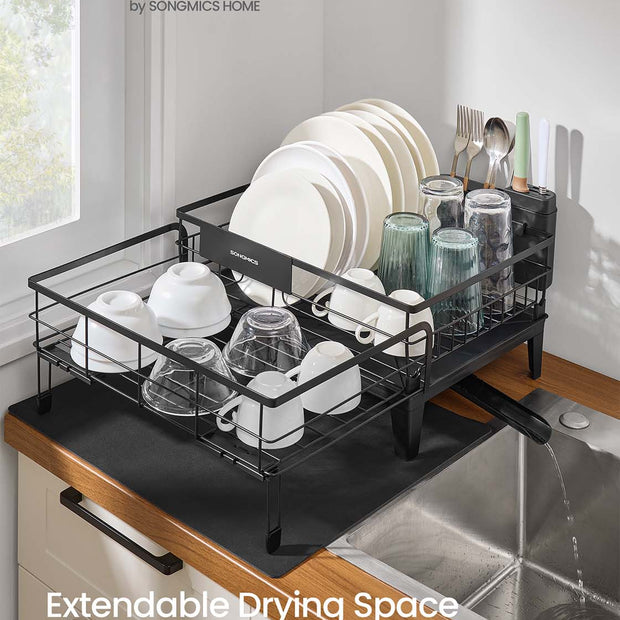 Dish Drying Rack – Steel – Ink Black – Expandable Design with Silicone Mat