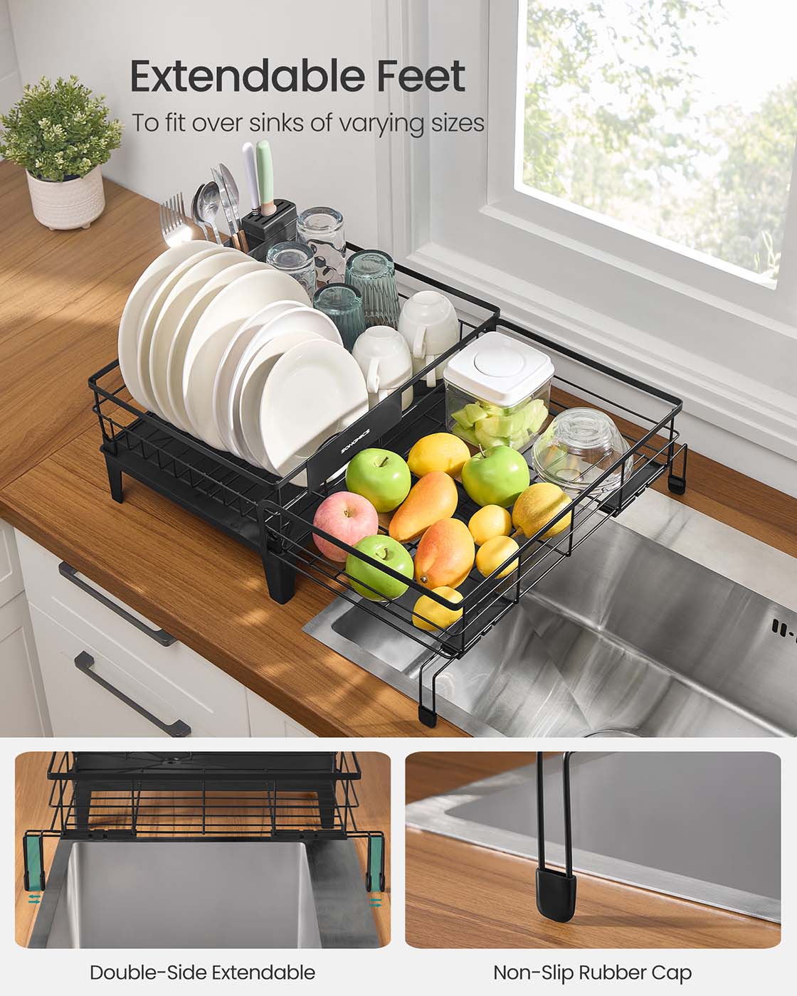 Dish Drying Rack – Steel – Ink Black – Expandable Design with Silicone Mat