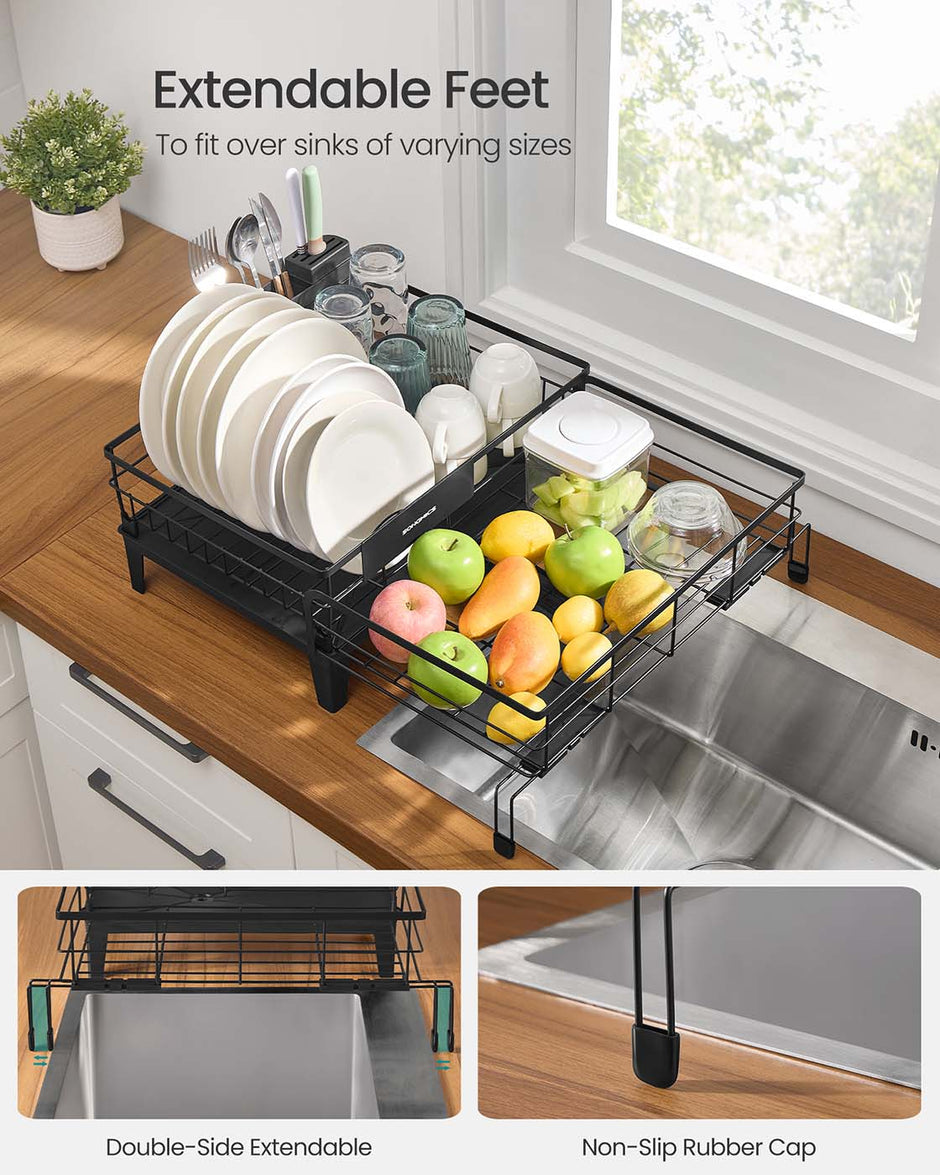 Dish Drying Rack – Steel – Ink Black – Expandable Design with Silicone Mat