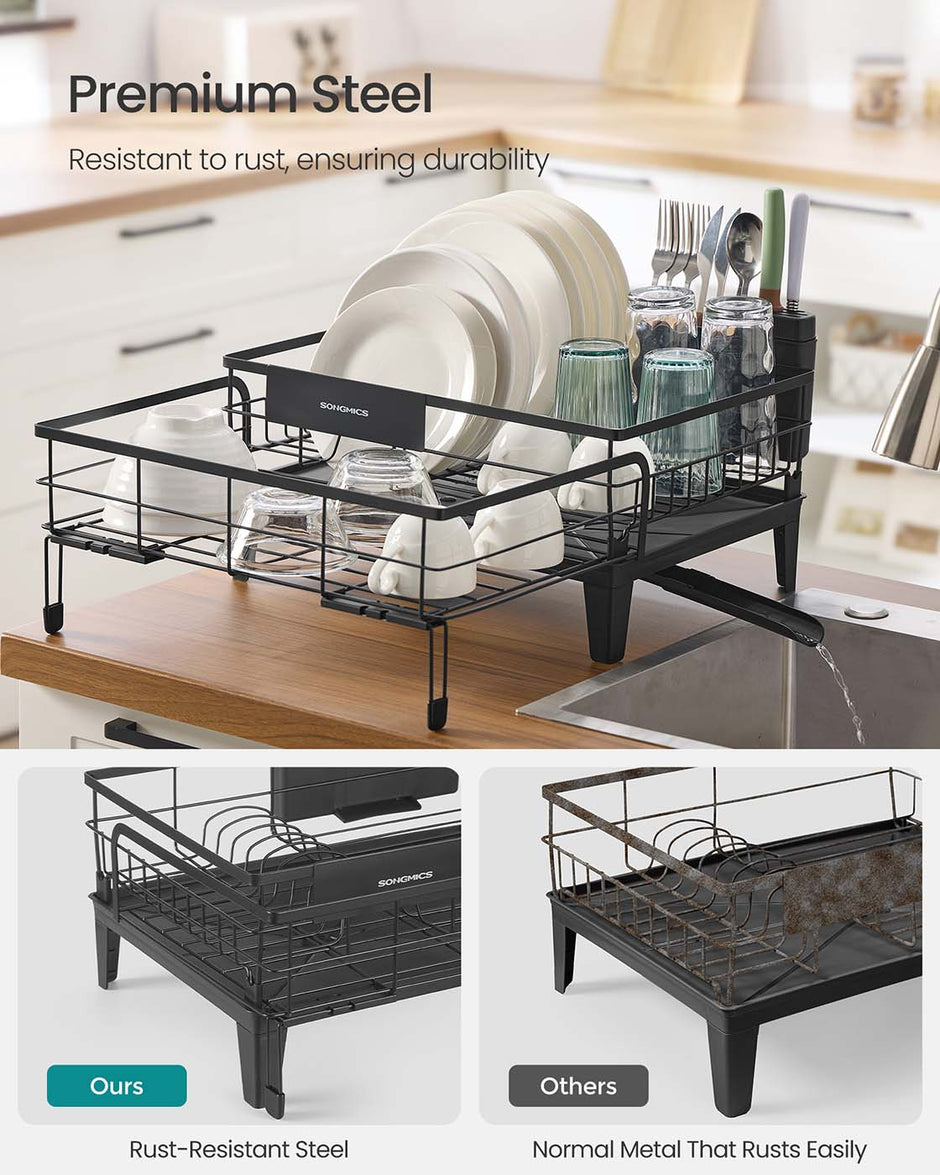 Dish Drying Rack – Steel – Ink Black – Expandable Design with Silicone Mat
