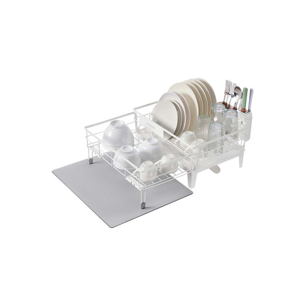 Dish Drying Rack – Steel – Matte White and Dove Grey – Expandable Design with Water-Absorbent Silicone Mat