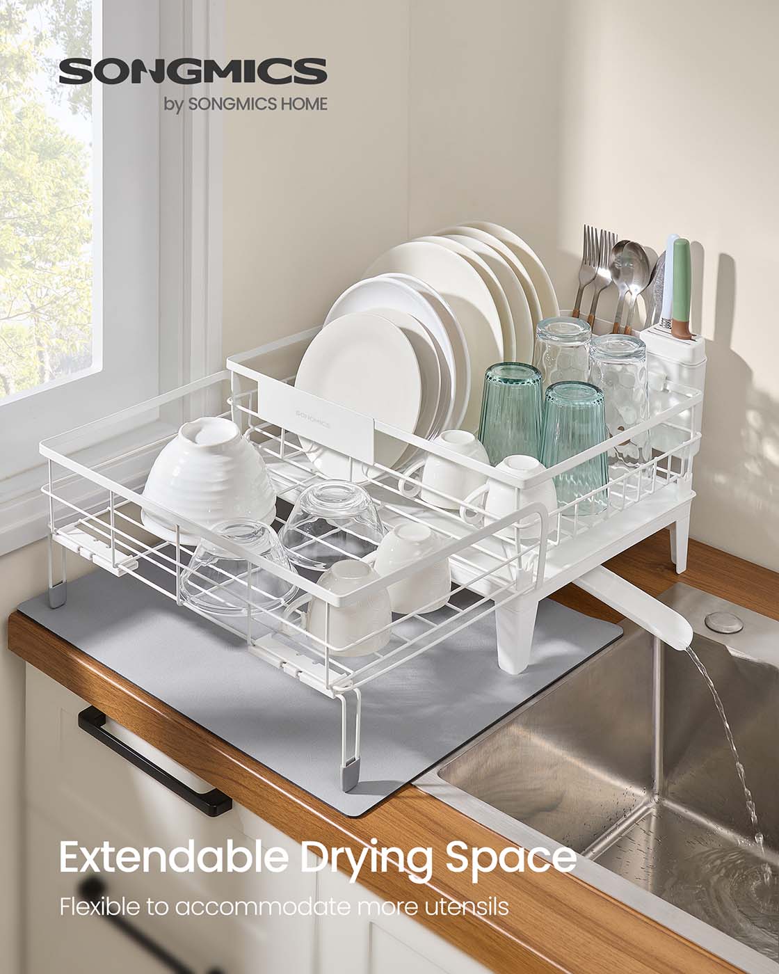Dish Drying Rack – Steel – Matte White and Dove Grey – Expandable Design with Water-Absorbent Silicone Mat