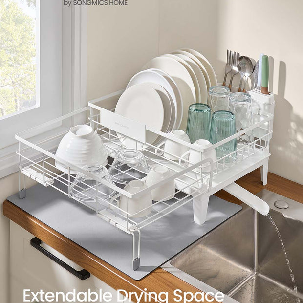 Dish Drying Rack – Steel – Matte White and Dove Grey – Expandable Design with Water-Absorbent Silicone Mat