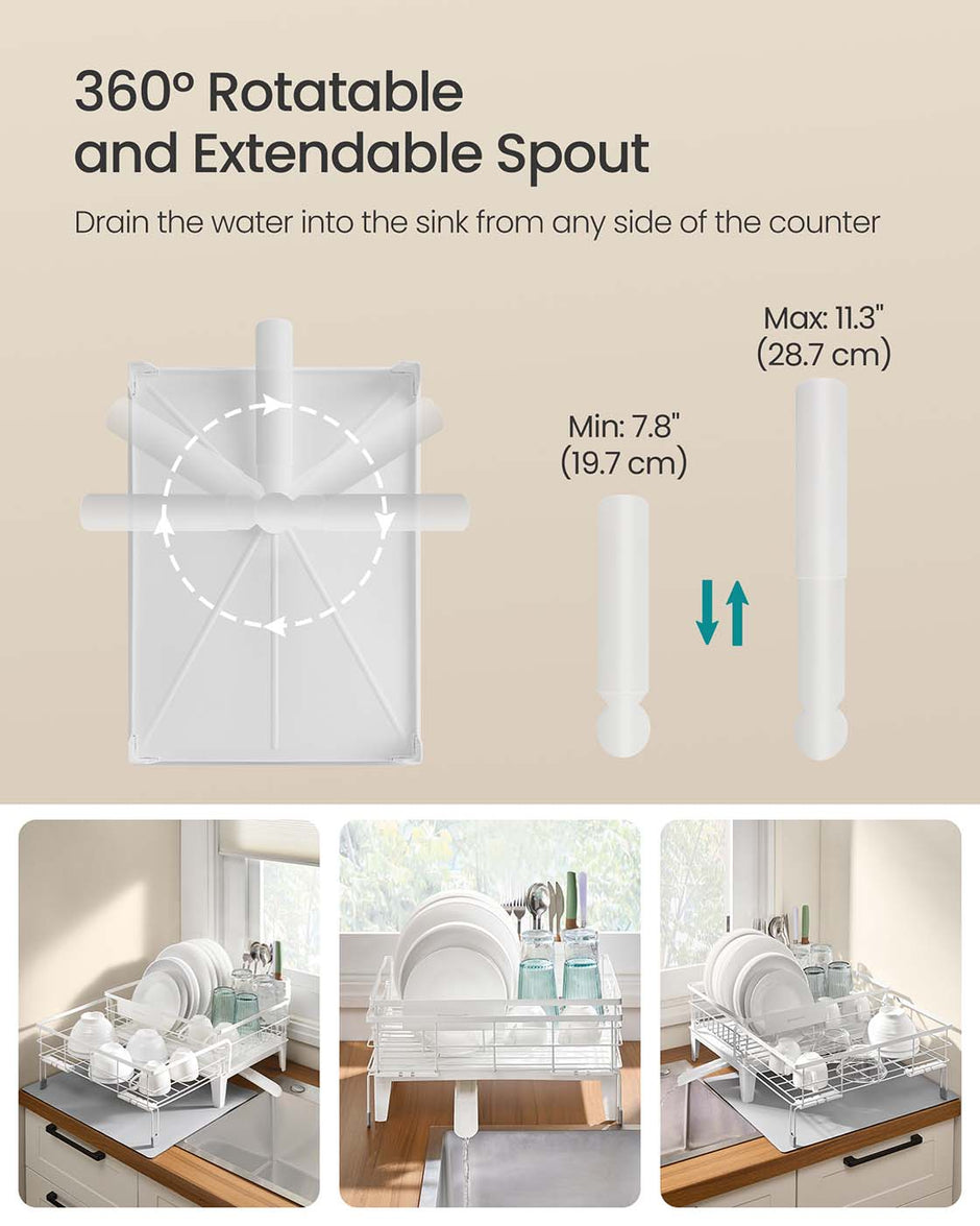 Dish Drying Rack – Steel – Matte White and Dove Grey – Expandable Design with Water-Absorbent Silicone Mat