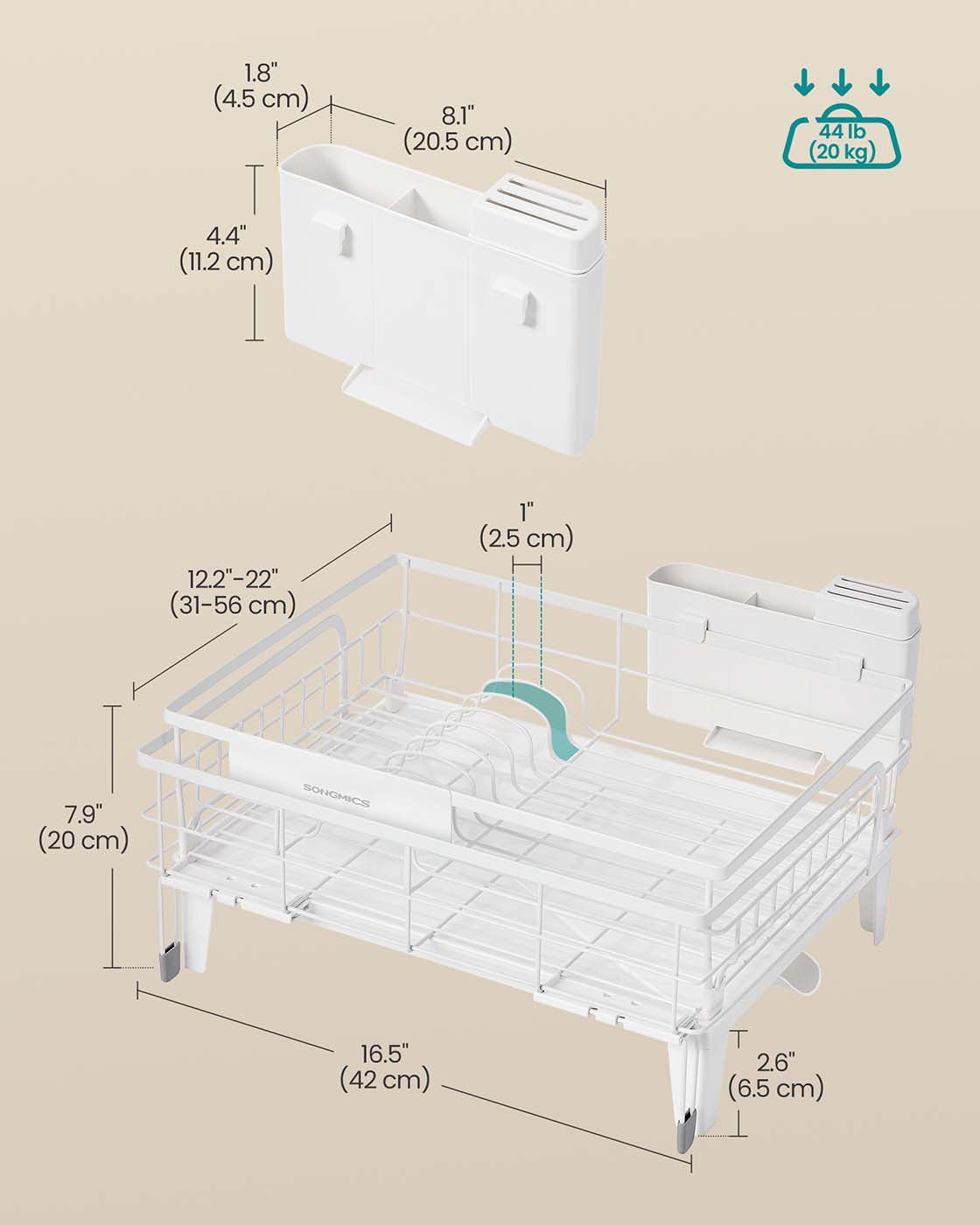 Dish Drying Rack – Steel – Matte White and Dove Grey – Expandable Design with Water-Absorbent Silicone Mat