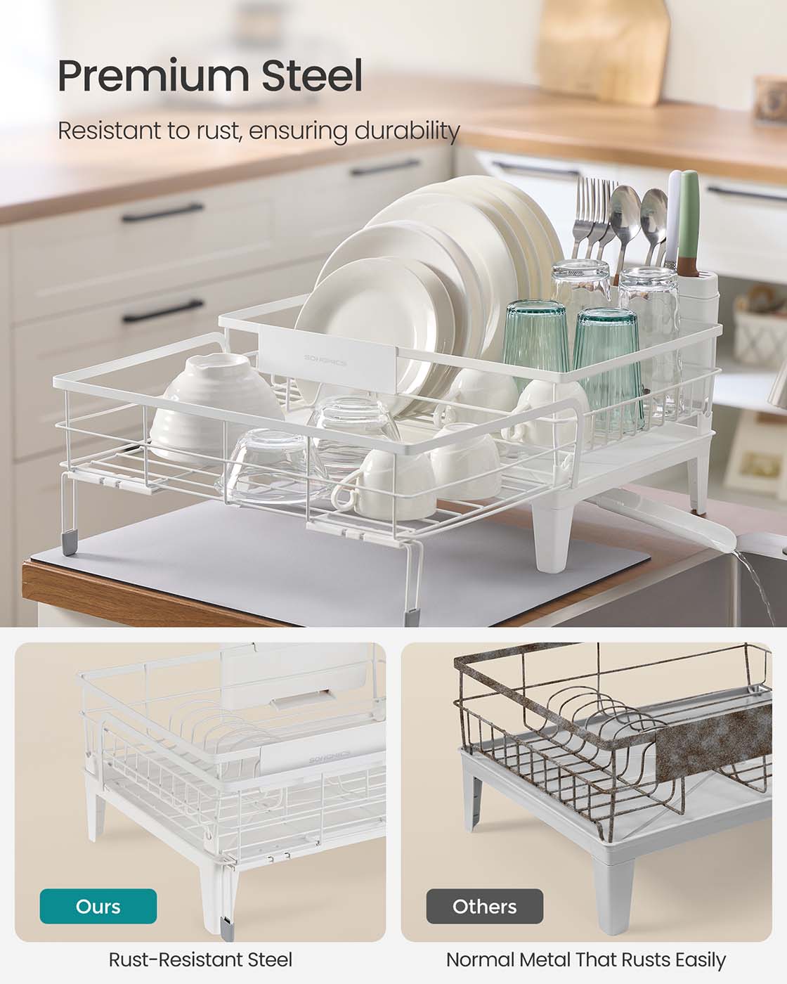 Dish Drying Rack – Steel – Matte White and Dove Grey – Expandable Design with Water-Absorbent Silicone Mat