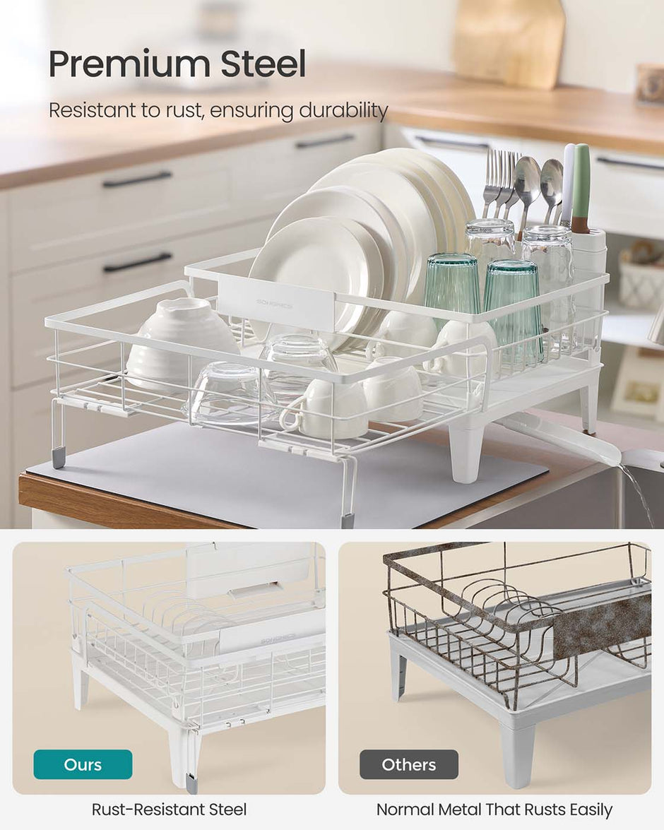 Dish Drying Rack – Steel – Matte White and Dove Grey – Expandable Design with Water-Absorbent Silicone Mat
