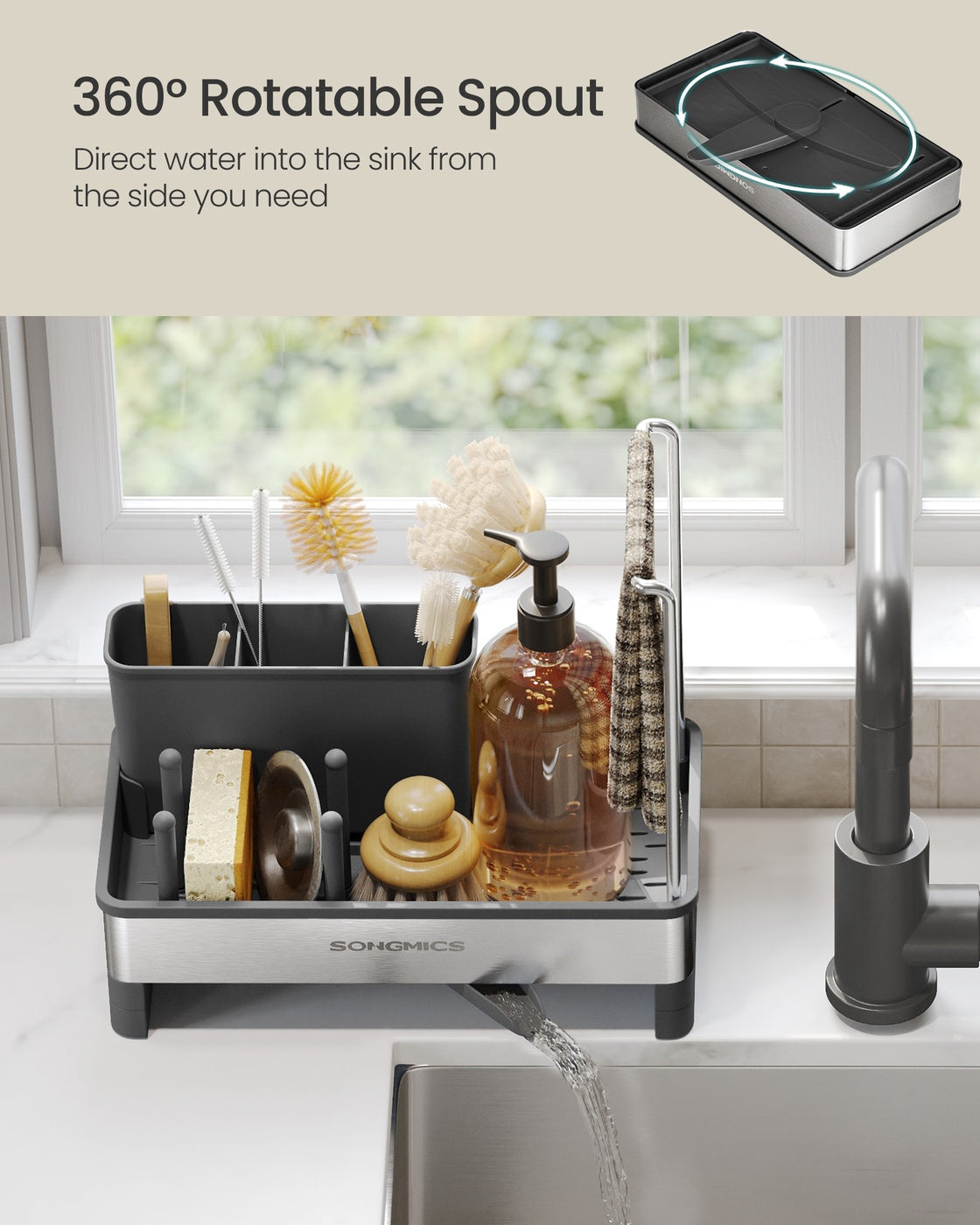 Kitchen Sink Caddy - 12.7L - Stainless Steel - Sponge Holder - Rotatable Spout