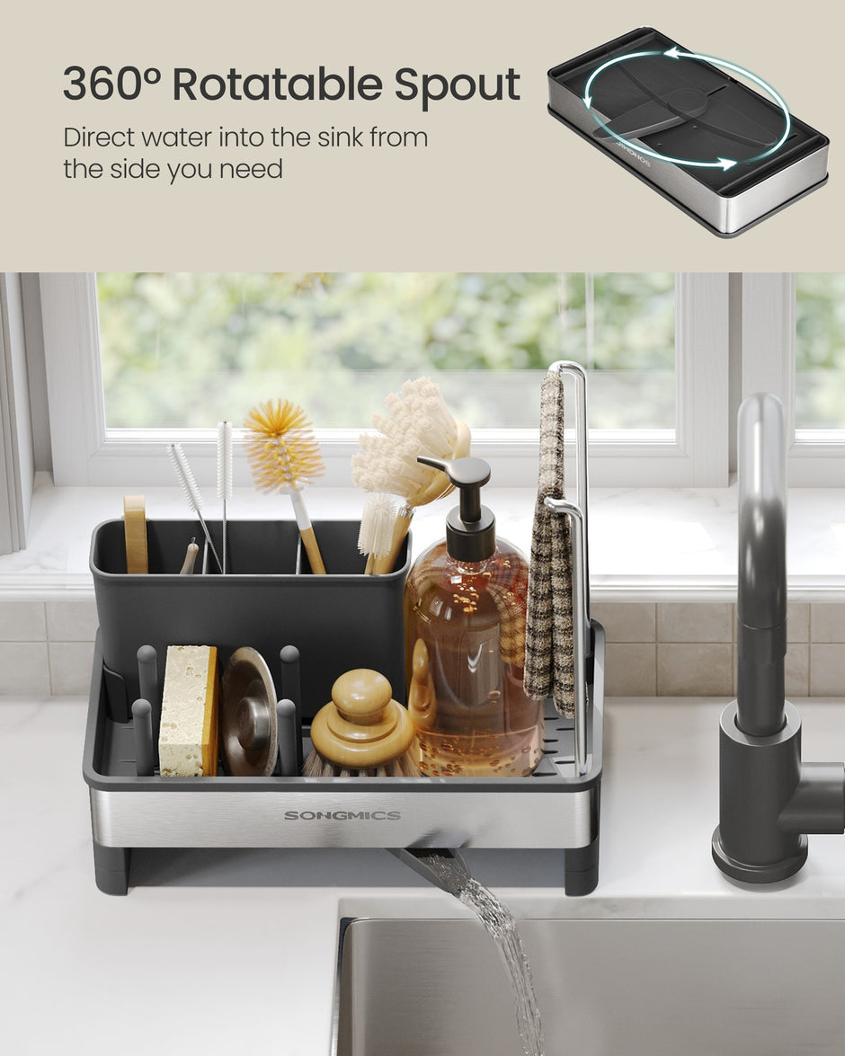 Kitchen Sink Caddy - 12.7L - Stainless Steel - Sponge Holder - Rotatable Spout