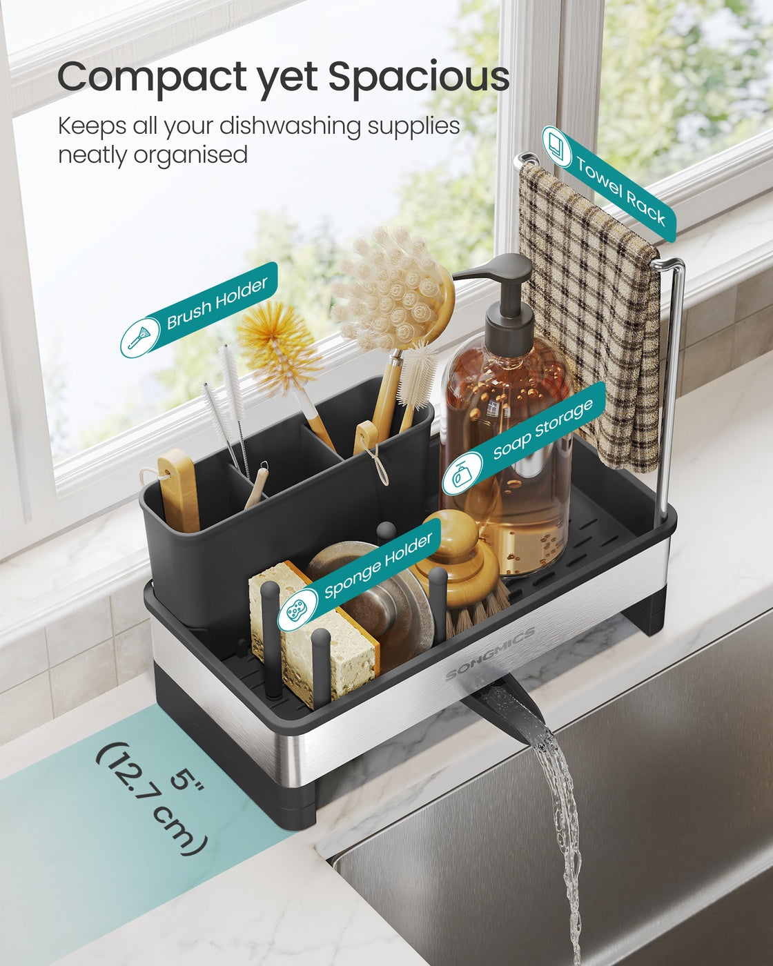 Kitchen Sink Caddy - 12.7L - Stainless Steel - Sponge Holder - Rotatable Spout