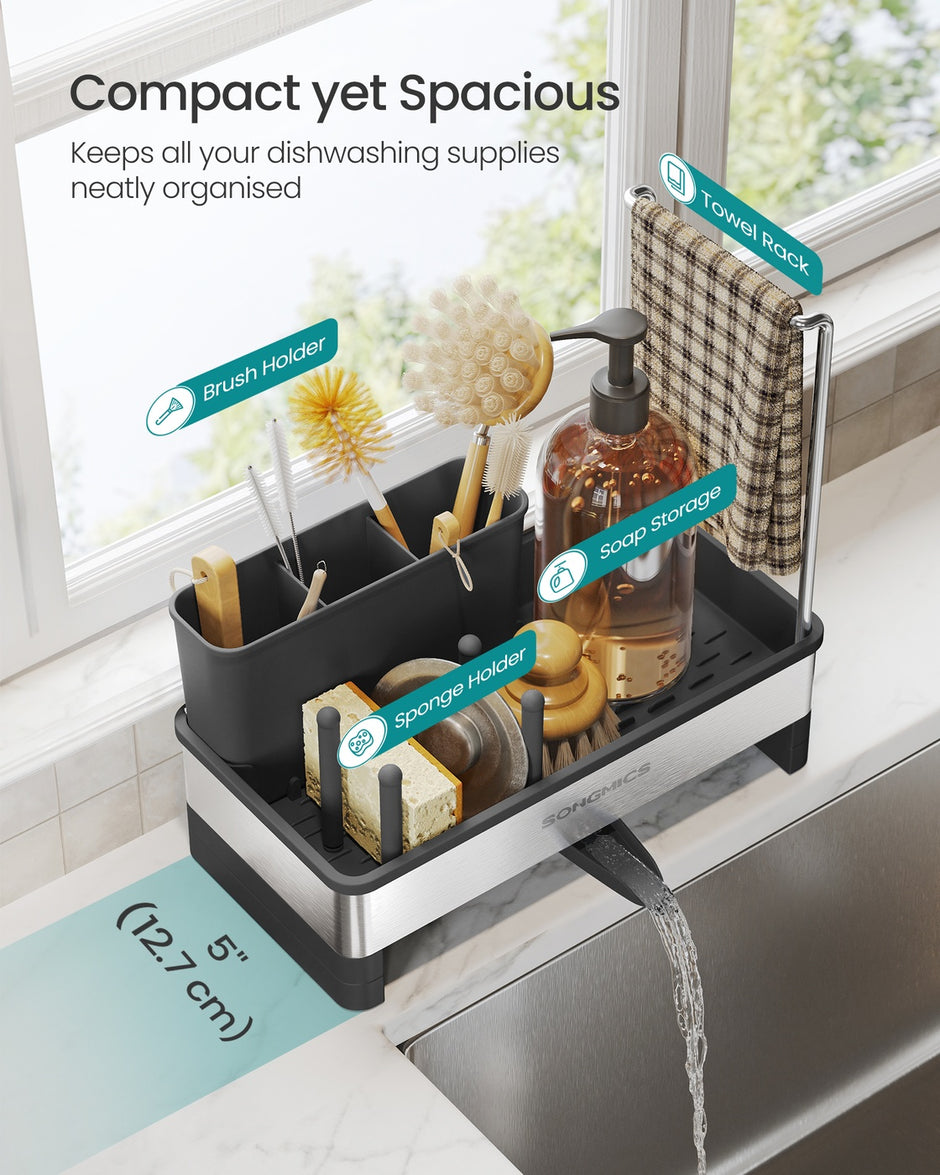 Kitchen Sink Caddy - 12.7L - Stainless Steel - Sponge Holder - Rotatable Spout